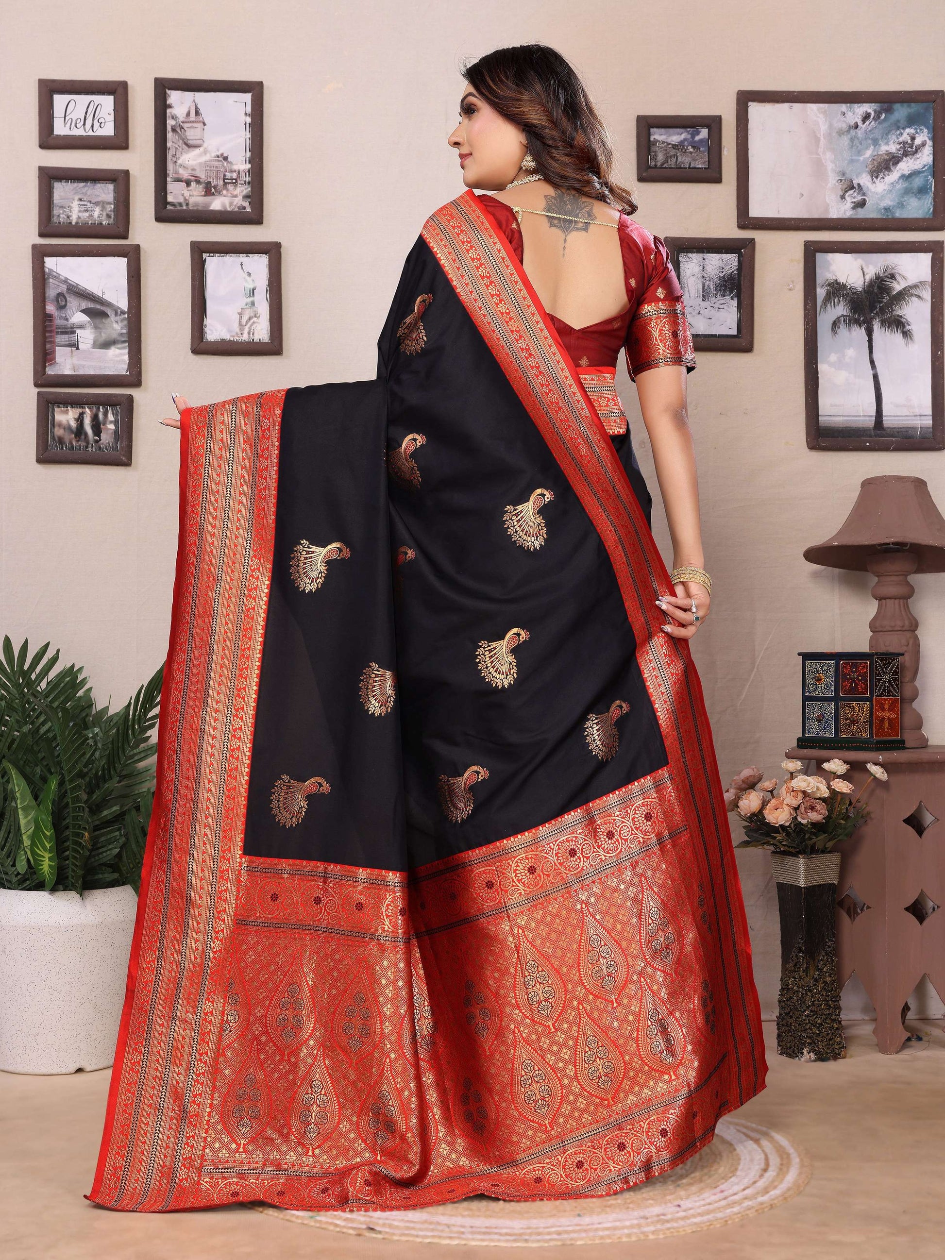 Sonakshi Women's Black Banarasi Silk Zari Woven Traditional Saree with Blouse | Swadesiicart