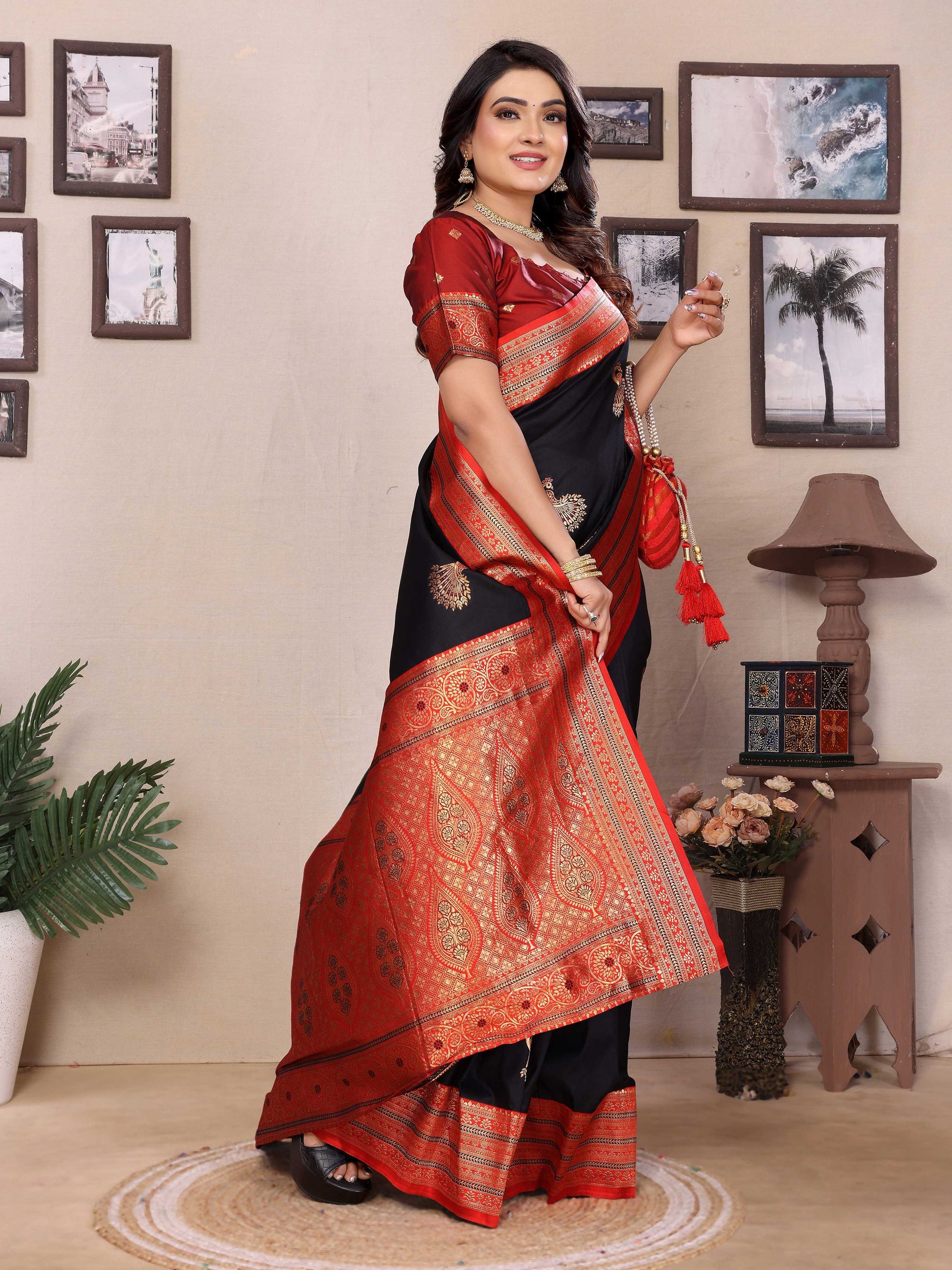 Sonakshi Women's Black Banarasi Silk Zari Woven Traditional Saree with Blouse | Swadesiicart