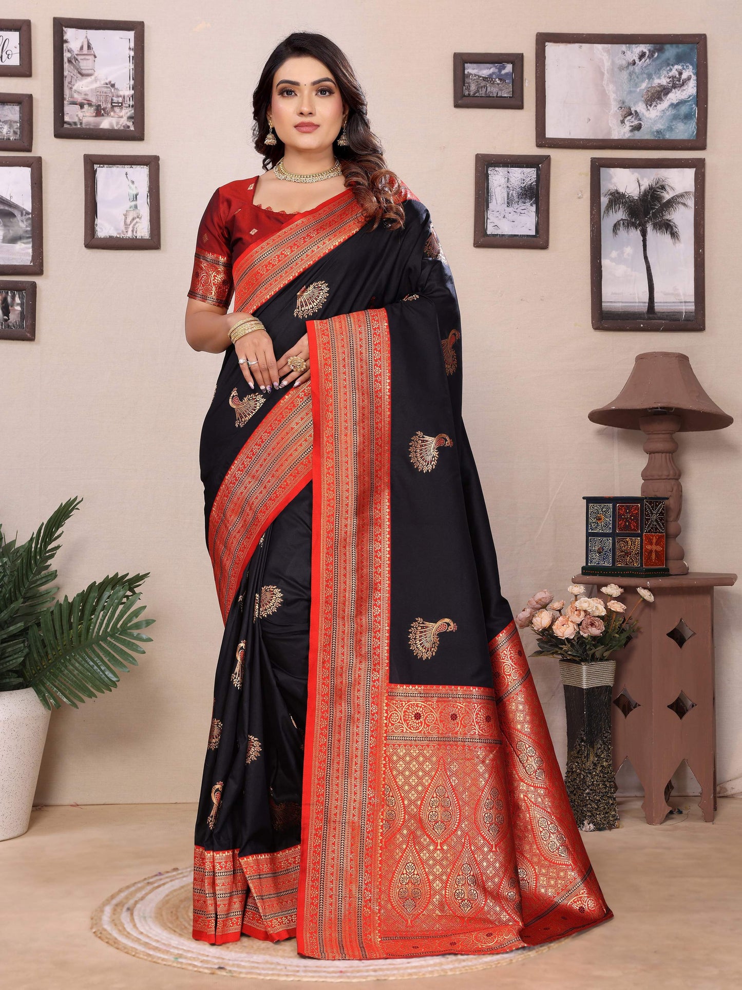 Sonakshi Women's Black Banarasi Silk Zari Woven Traditional Saree with Blouse | Swadesiicart