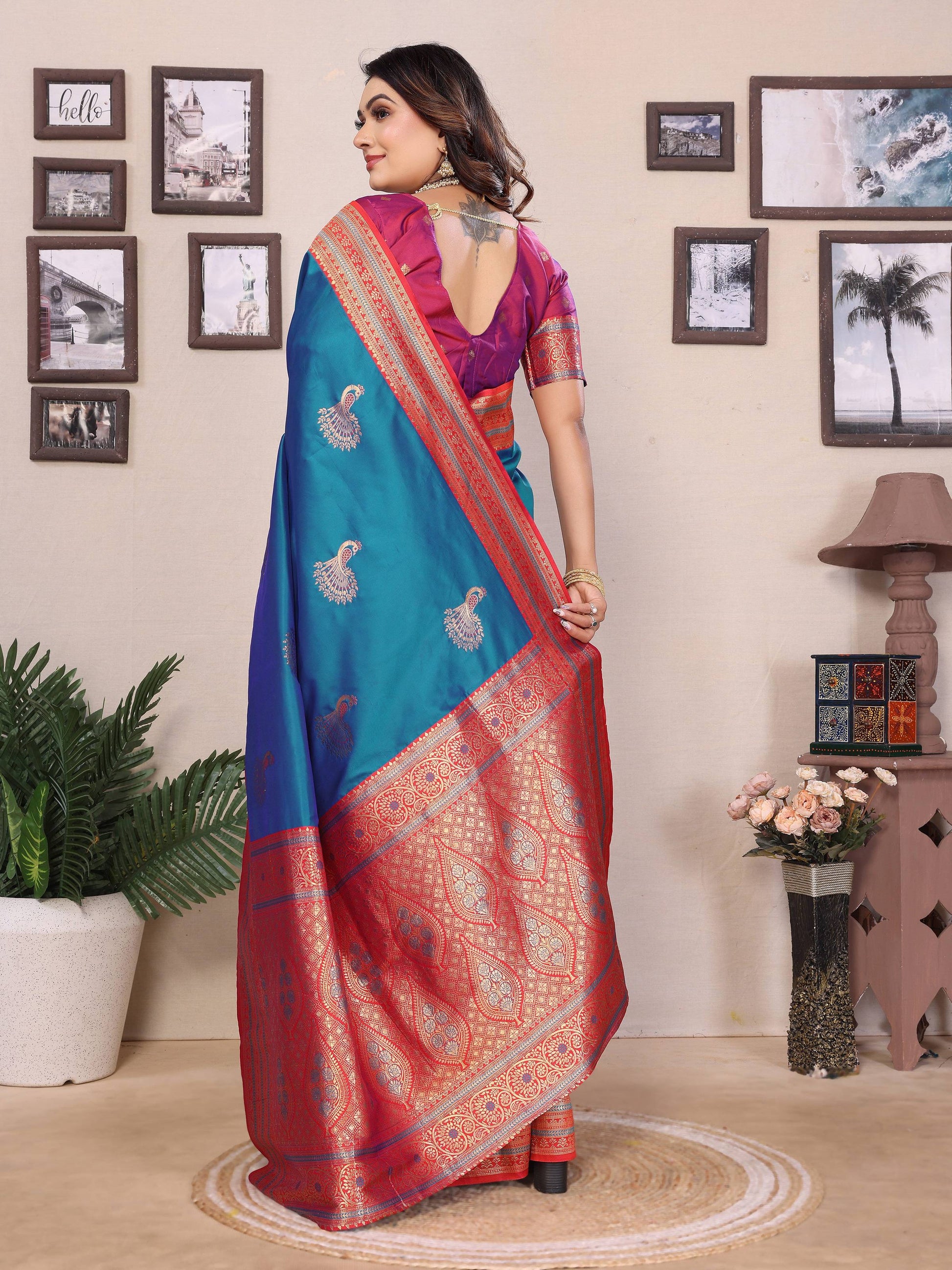 Sonakshi Women's Morepeach Banarasi Silk Zari Woven Traditional Saree with Blouse | Swadesiicart