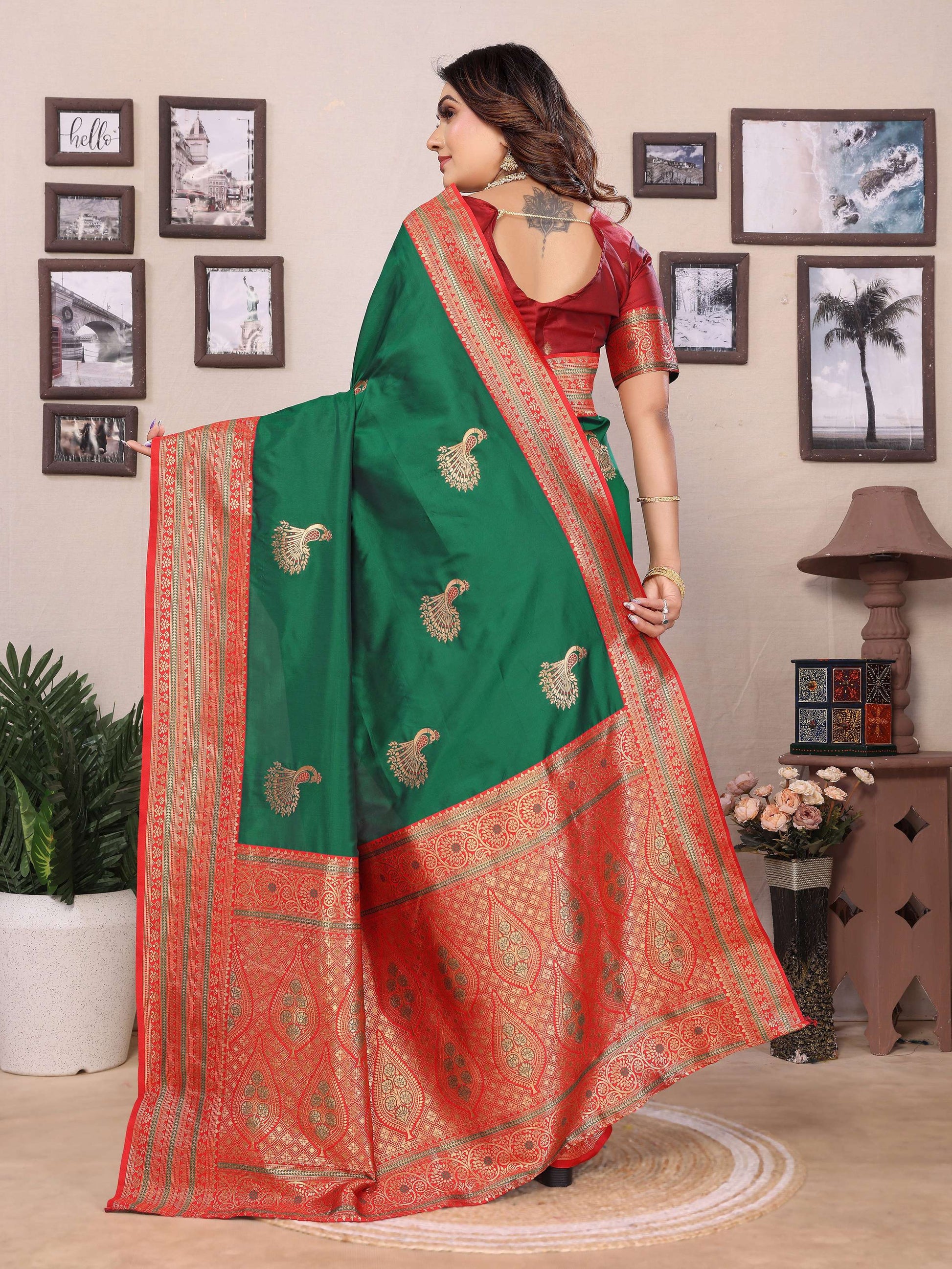Sonakshi Women's Green Banarasi Silk Zari Woven Traditional Saree with Blouse | Swadesiicart