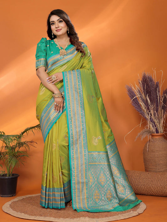 Sonakshi Women's Parrot Banarasi Silk Zari Woven Traditional Saree with Blouse | Swadesiicart