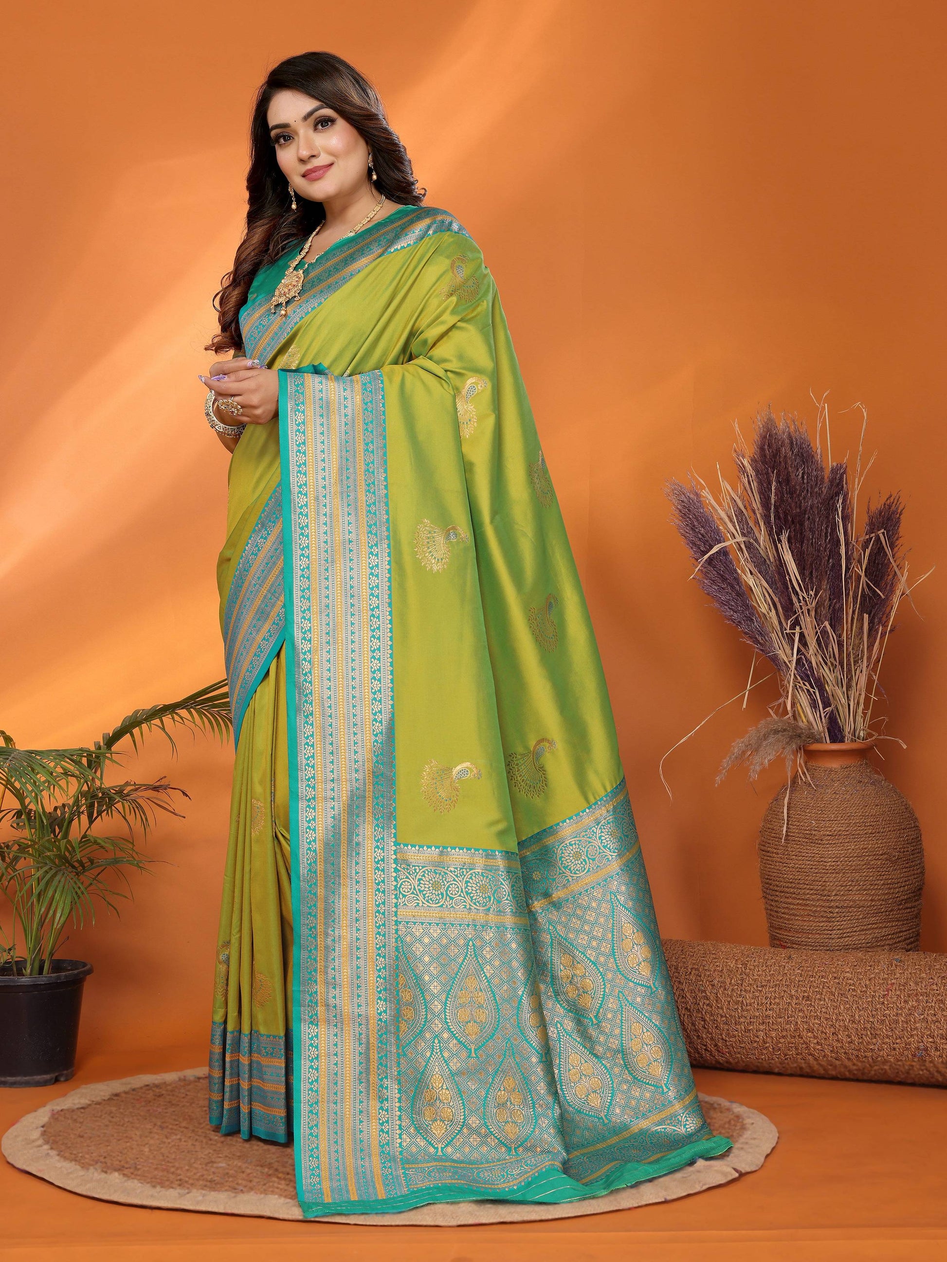 Sonakshi Women's Parrot Banarasi Silk Zari Woven Traditional Saree with Blouse | Swadesiicart