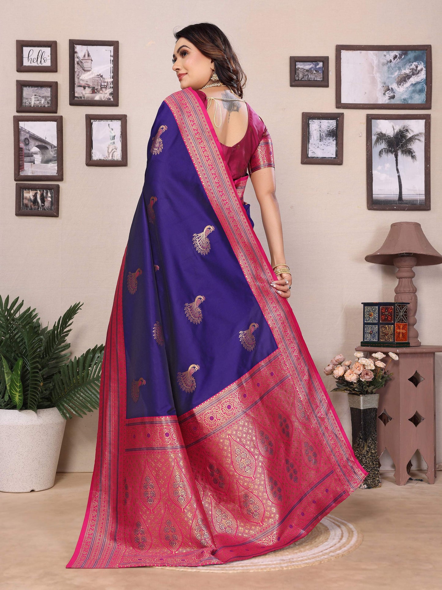 Sonakshi Women's Royal Blue Banarasi Silk Zari Woven Traditional Saree with Blouse | Swadesiicart