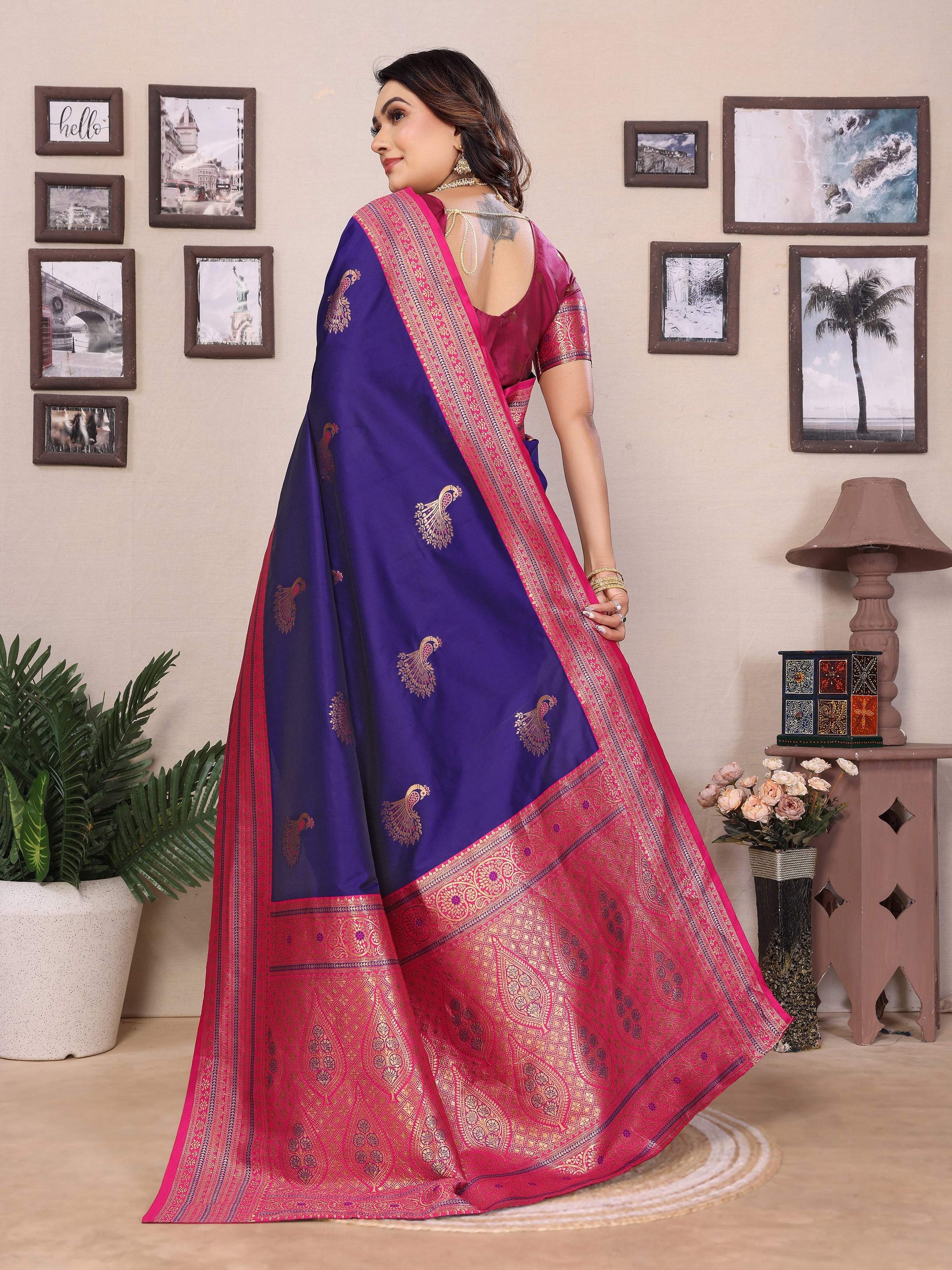 Sonakshi Women's Royal Blue Banarasi Silk Zari Woven Traditional Saree with Blouse | Swadesiicart