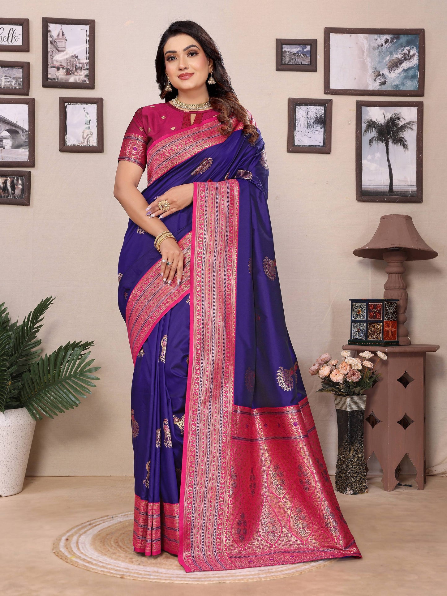 Sonakshi Women's Royal Blue Banarasi Silk Zari Woven Traditional Saree with Blouse | Swadesiicart