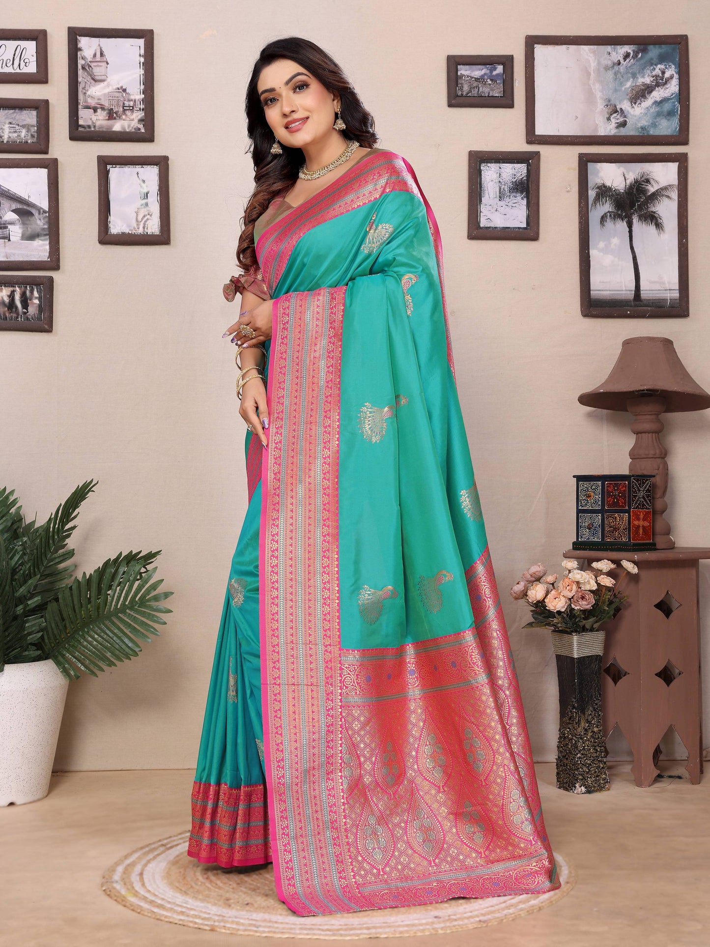 Sonakshi Women's Teal Banarasi Silk Zari Woven Traditional Saree with Blouse | Swadesiicart