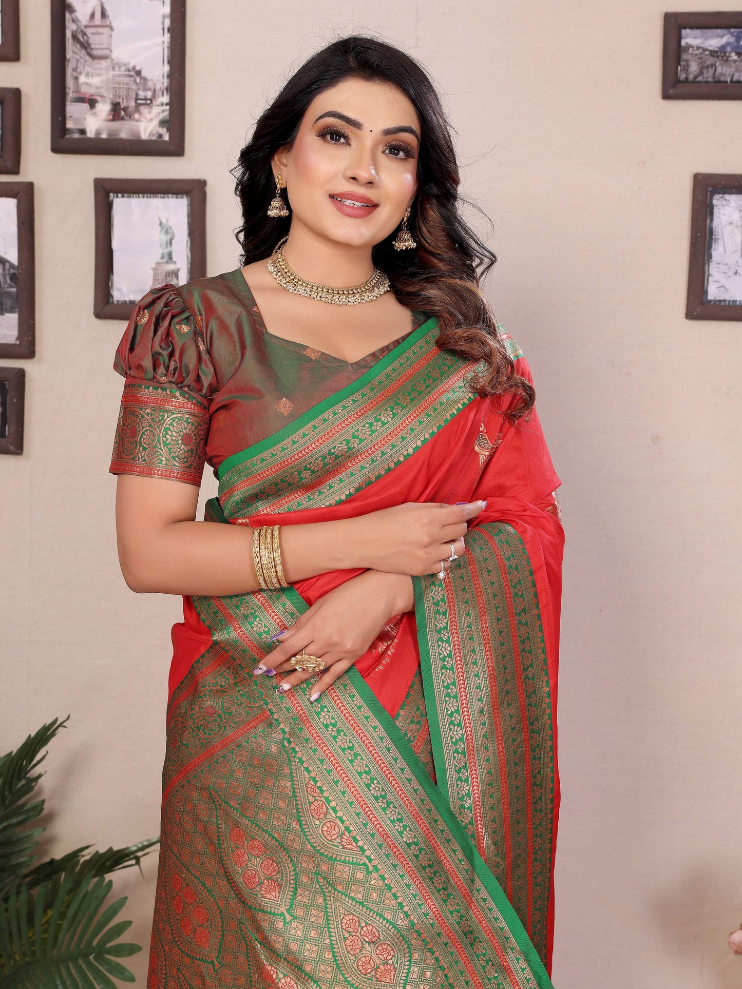 Sonakshi Women's Red Banarasi Silk Zari Woven Traditional Saree with Blouse | Swadesiicart
