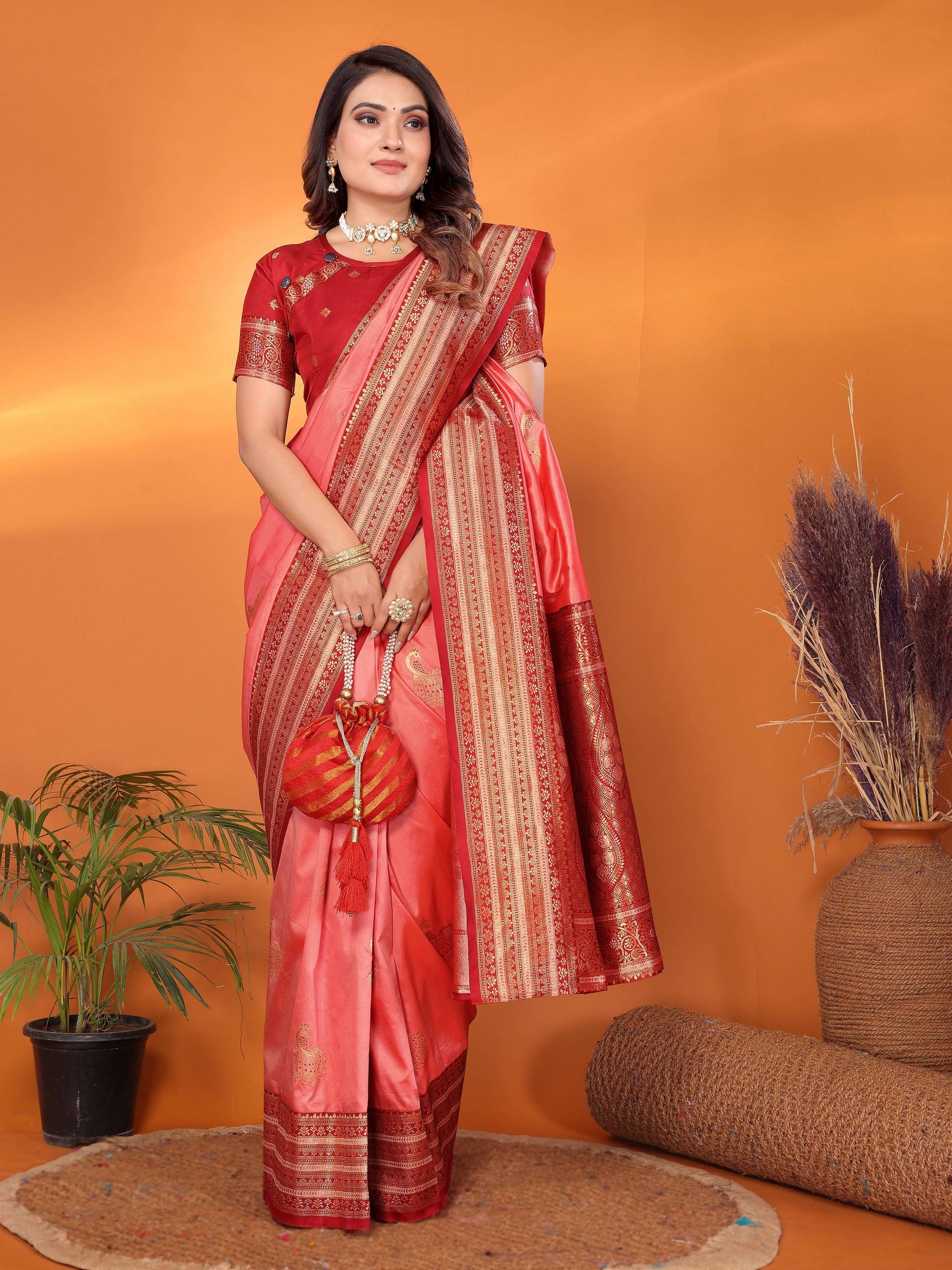 Sonakshi Women's Pink Banarasi Silk Zari Woven Traditional Saree with Blouse | Swadesiicart