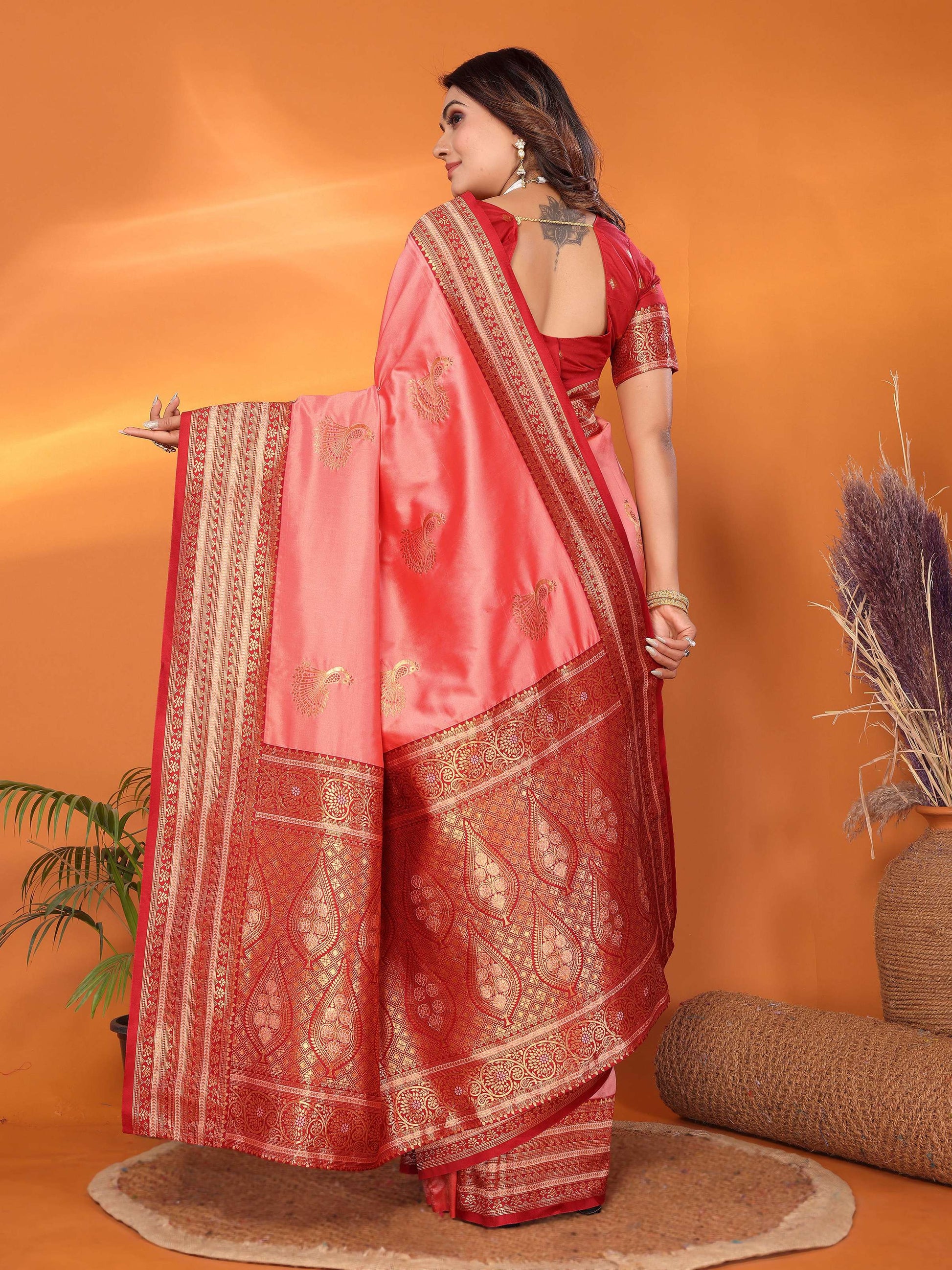 Sonakshi Women's Pink Banarasi Silk Zari Woven Traditional Saree with Blouse | Swadesiicart