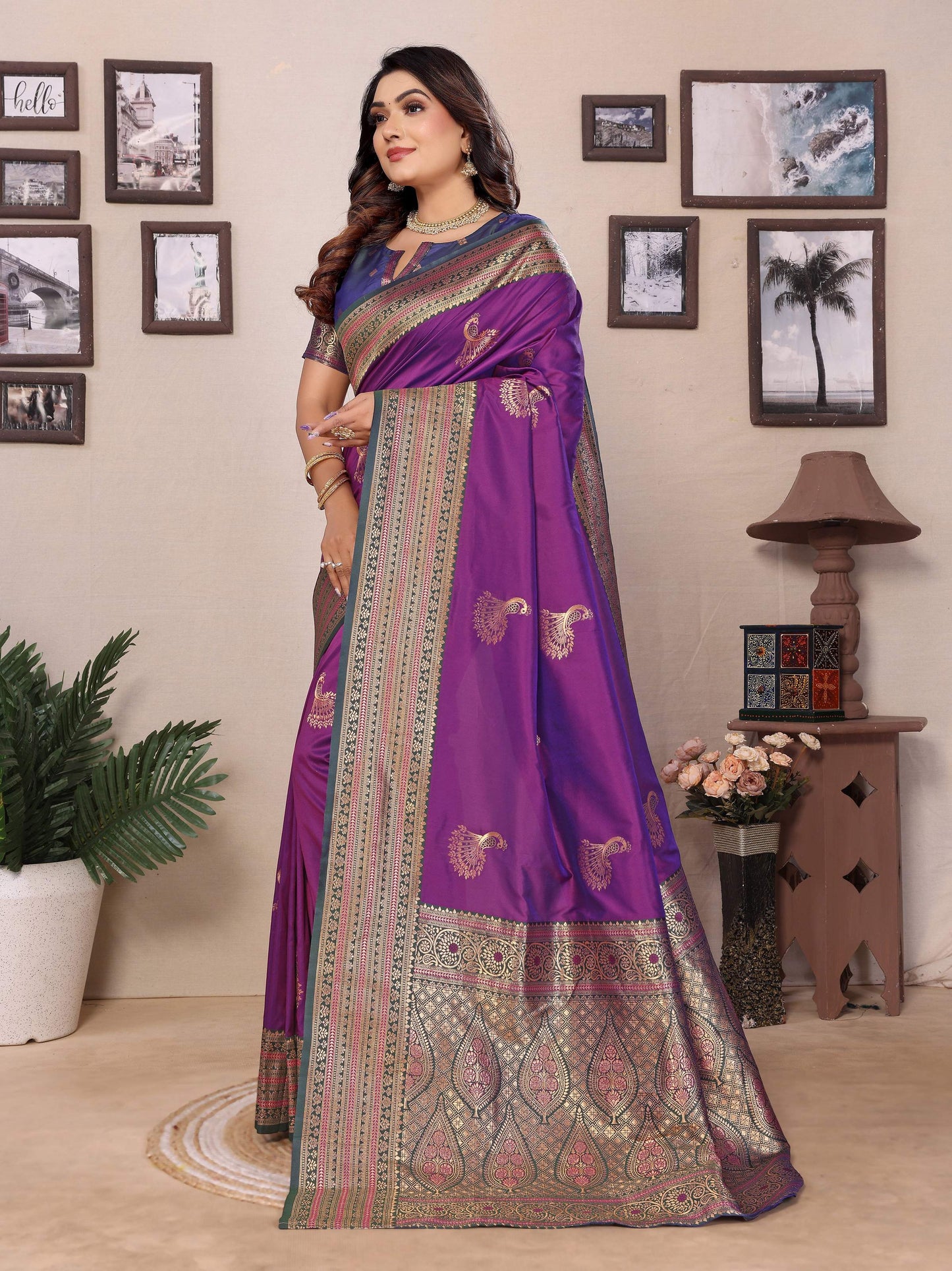 Sonakshi Women's Purple Banarasi Silk Zari Woven Traditional Saree with Blouse | Swadesiicart