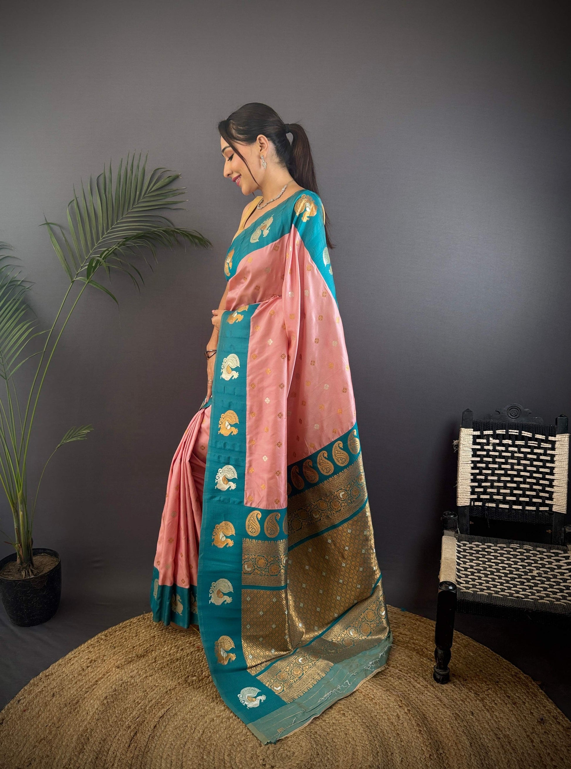 Sonakshi Women's Peach Banarasi Silk Zari Weaving Saree with Blouse | Swadesiicart
