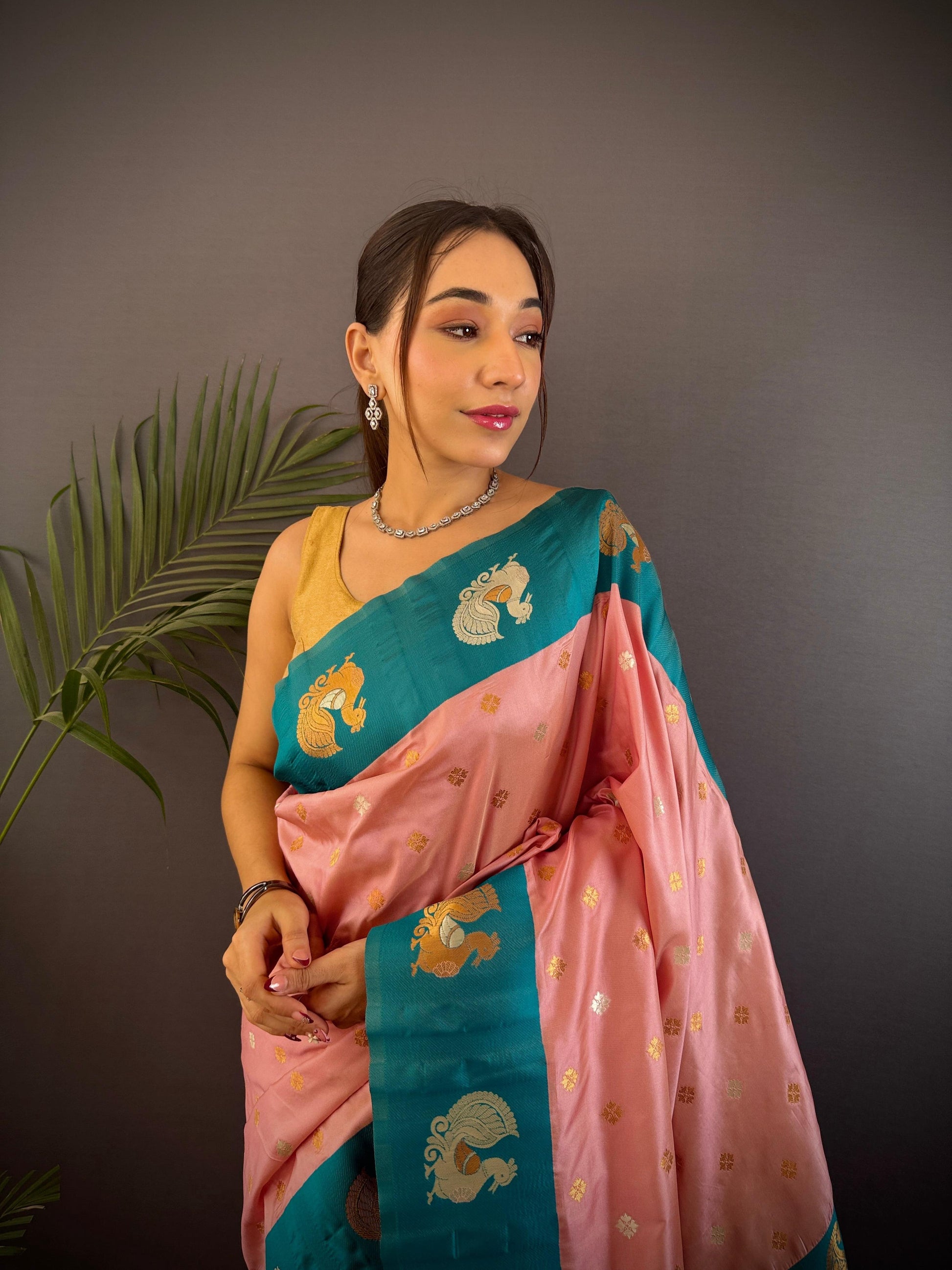 Sonakshi Women's Peach Banarasi Silk Zari Weaving Saree with Blouse | Swadesiicart