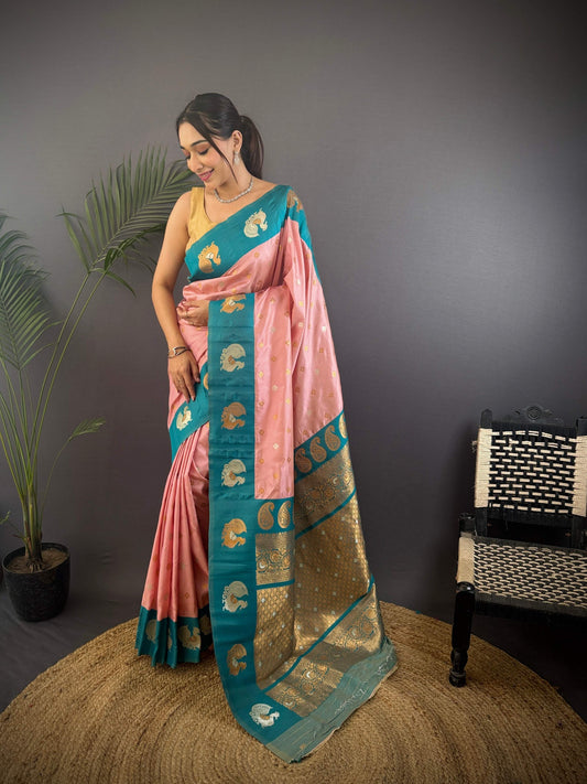 Sonakshi Women's Peach Banarasi Silk Zari Weaving Saree with Blouse | Swadesiicart