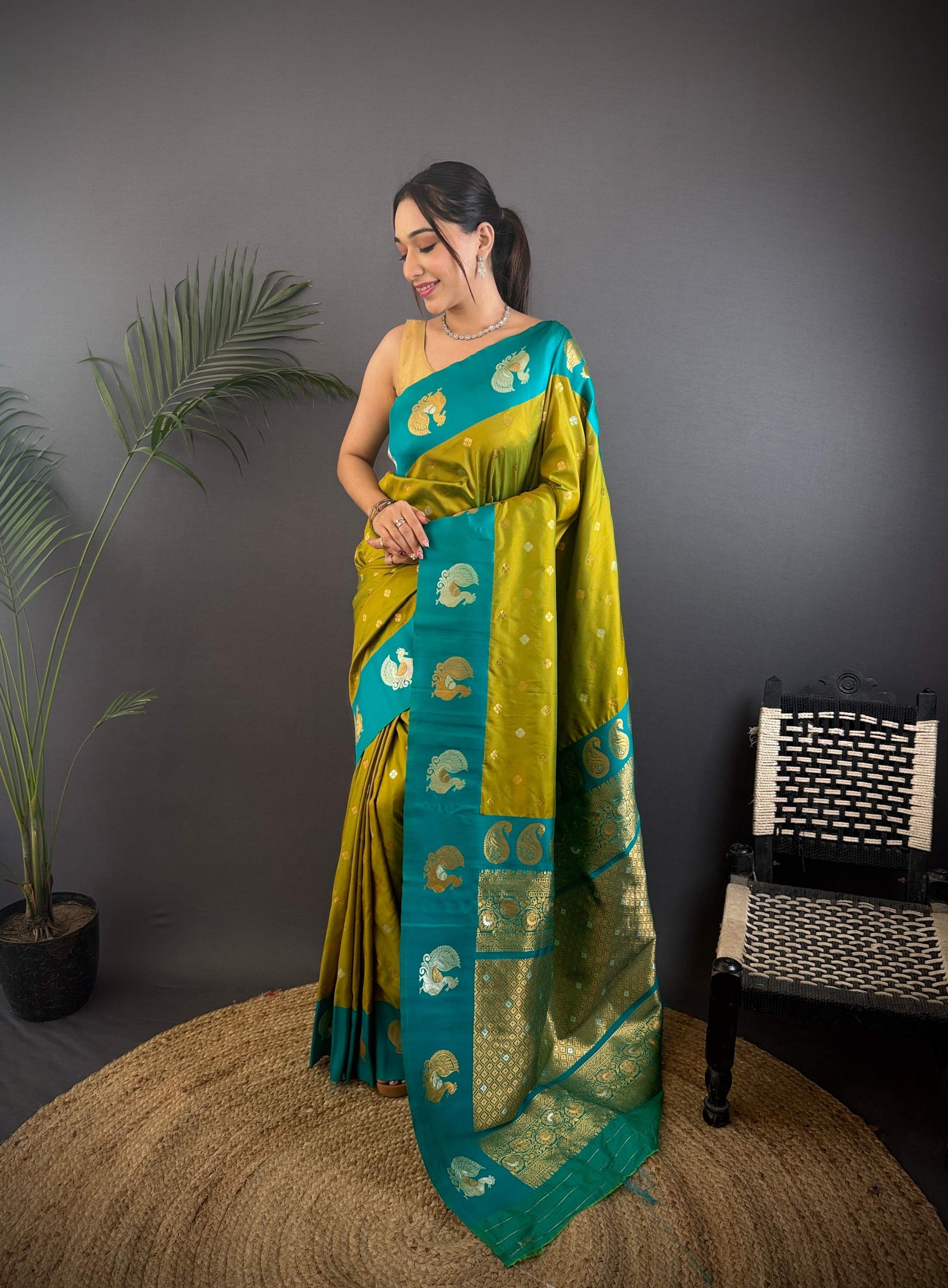 Sonakshi Women's Mehendi Banarasi Silk Zari Weaving Saree with Blouse | Swadesiicart