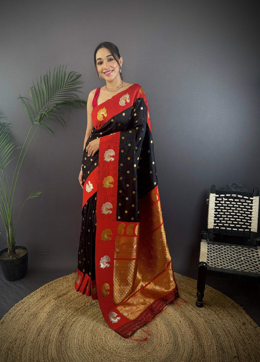 Sonakshi Women's Black Banarasi Silk Zari Weaving Saree with Blouse | Swadesiicart