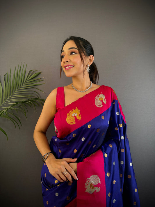 Sonakshi Women's Blue Banarasi Silk Zari Weaving Saree with Blouse | Swadesiicart