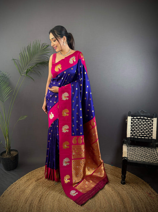 Sonakshi Women's Blue Banarasi Silk Zari Weaving Saree with Blouse | Swadesiicart