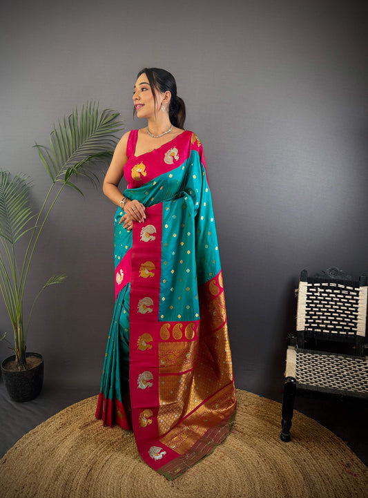 Sonakshi Women's Seagreen Banarasi Silk Zari Weaving Saree with Blouse | Swadesiicart