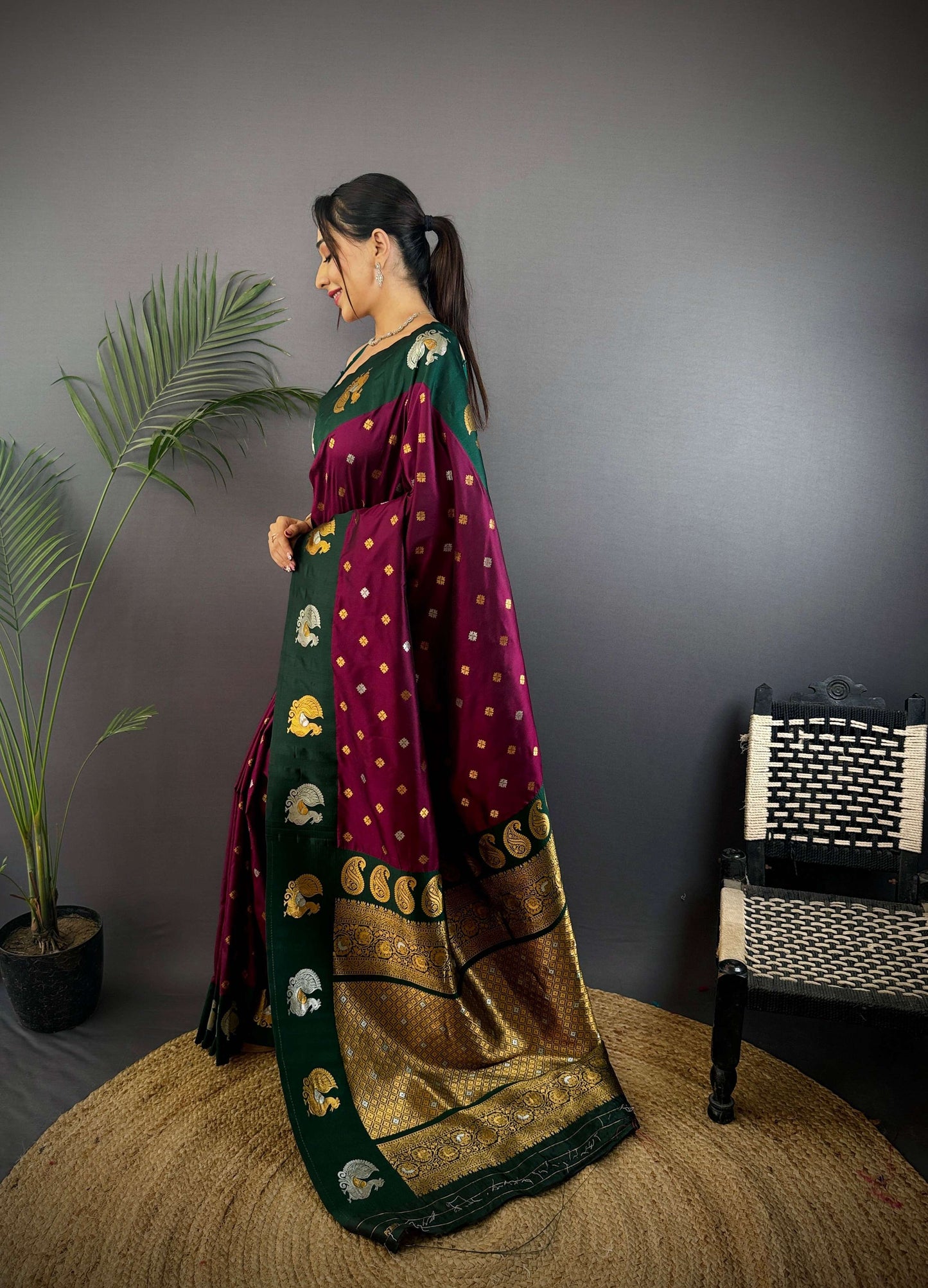 Sonakshi Women's Wine Banarasi Silk Zari Weaving Saree with Blouse | Swadesiicart