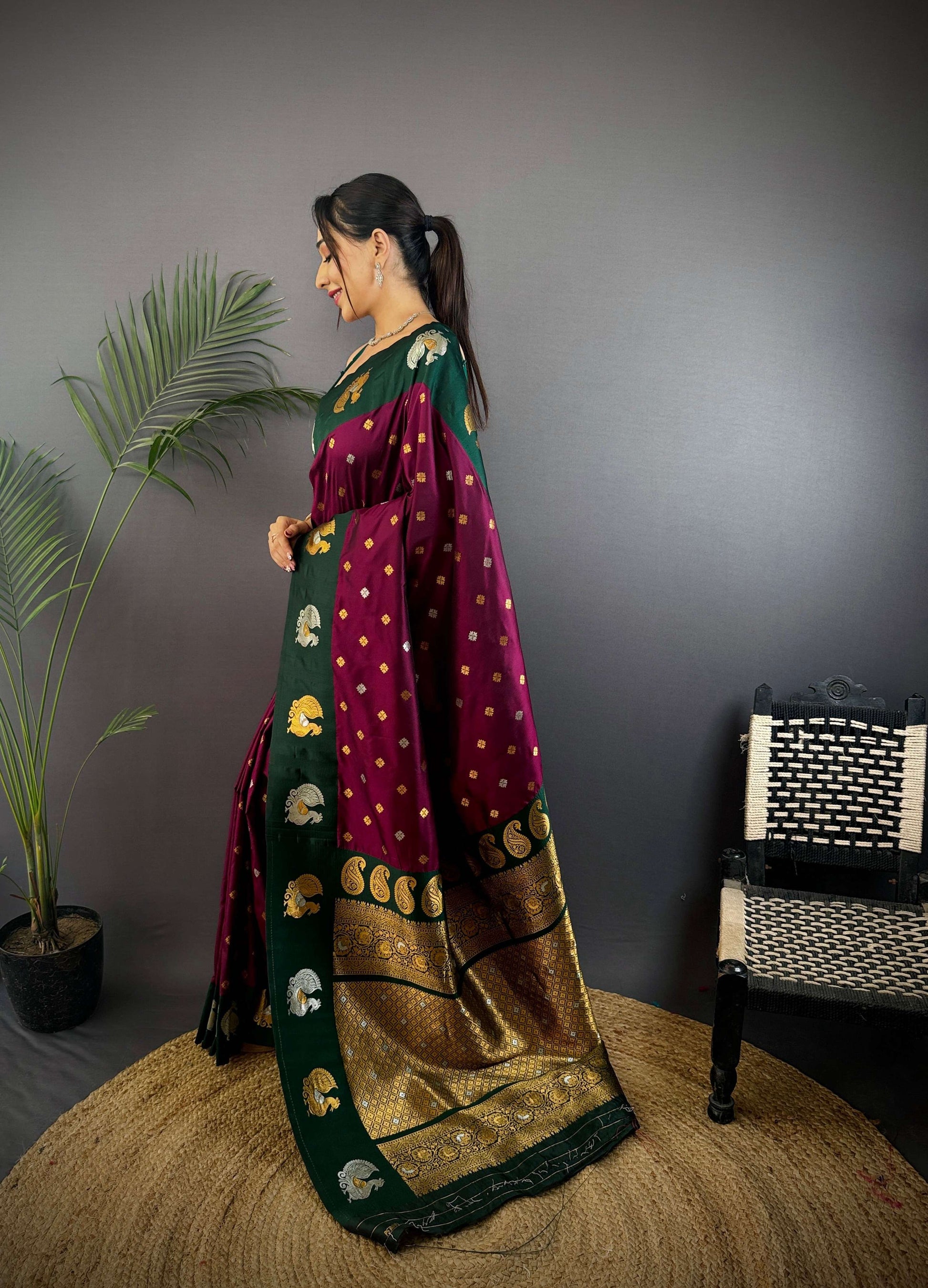 Sonakshi Women's Wine Banarasi Silk Zari Weaving Saree with Blouse | Swadesiicart