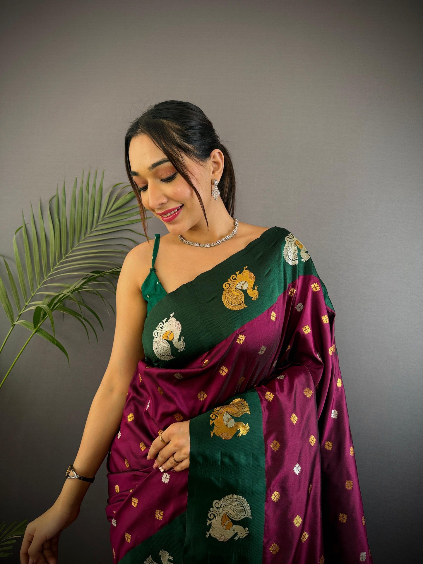 Sonakshi Women's Wine Banarasi Silk Zari Weaving Saree with Blouse | Swadesiicart
