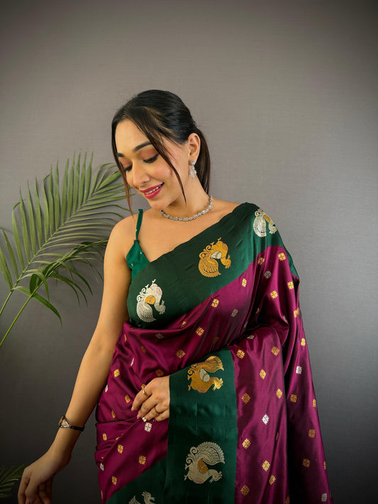 Sonakshi Women's Wine Banarasi Silk Zari Weaving Saree with Blouse | Swadesiicart