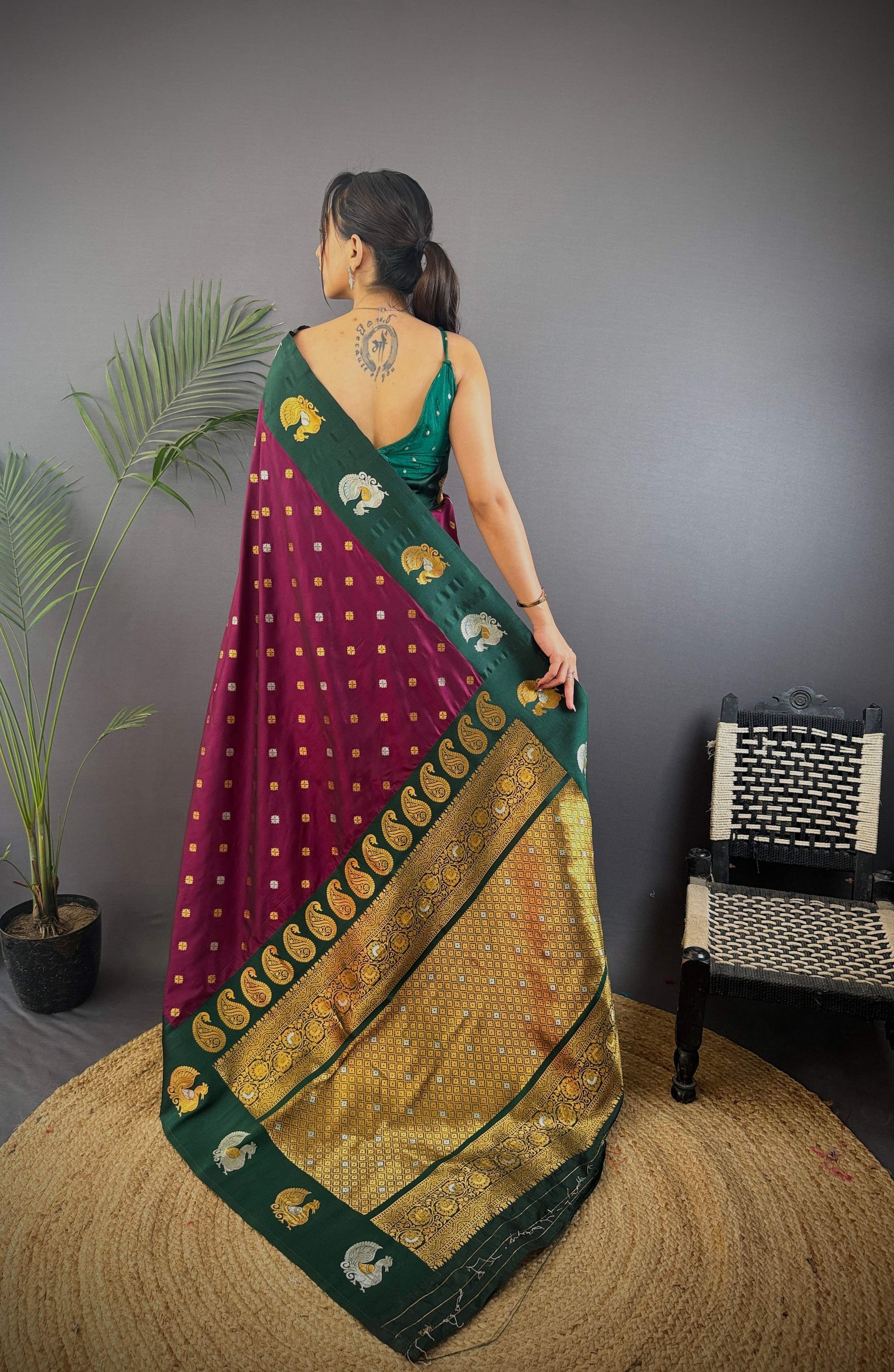 Sonakshi Women's Wine Banarasi Silk Zari Weaving Saree with Blouse | Swadesiicart