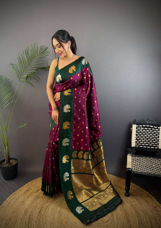 Sonakshi Women's Wine Banarasi Silk Zari Weaving Saree with Blouse | Swadesiicart