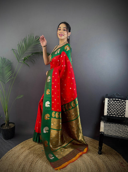 Sonakshi Women's Red Banarasi Silk Zari Weaving Saree with Blouse | Swadesiicart