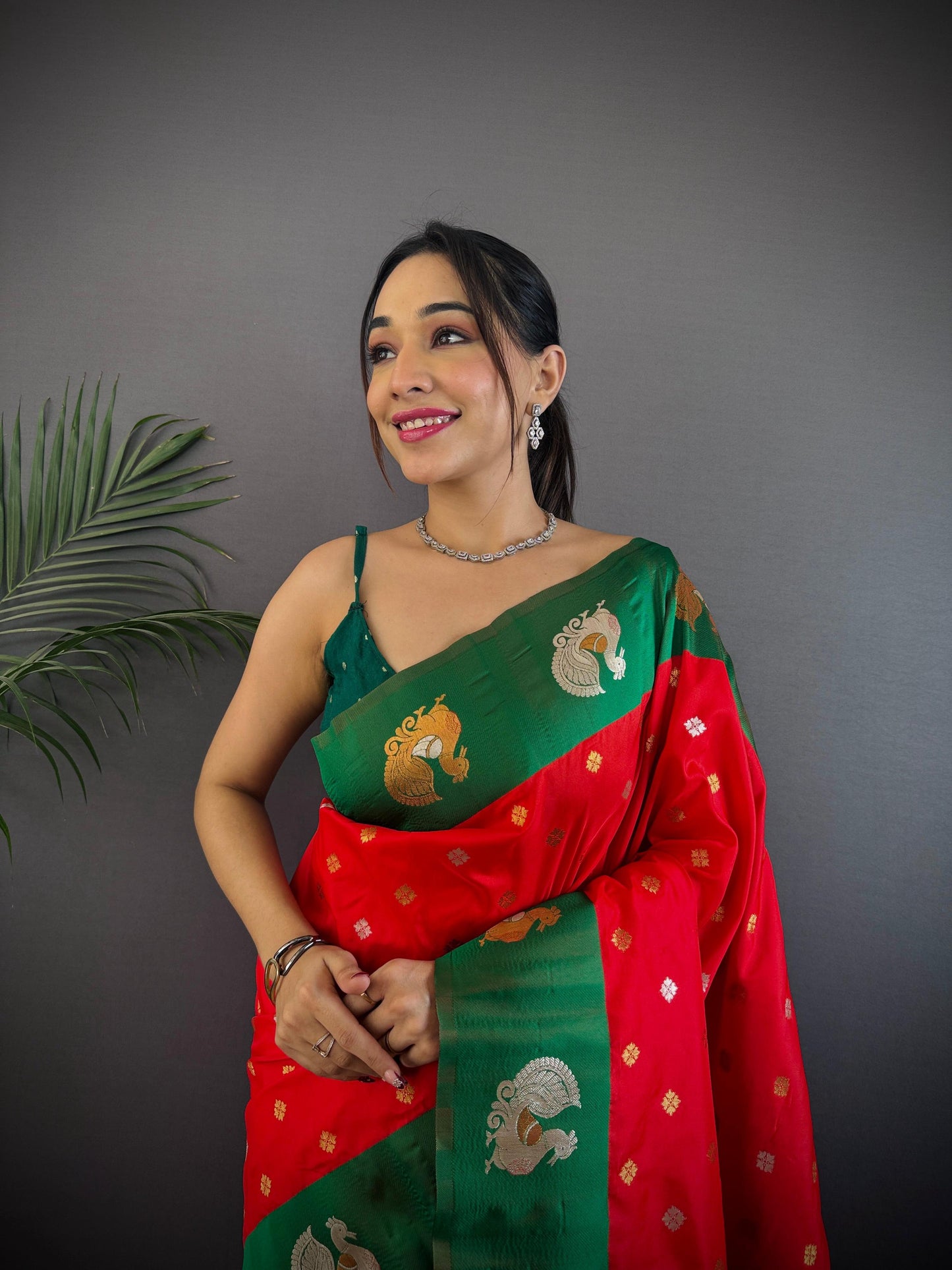 Sonakshi Women's Red Banarasi Silk Zari Weaving Saree with Blouse | Swadesiicart