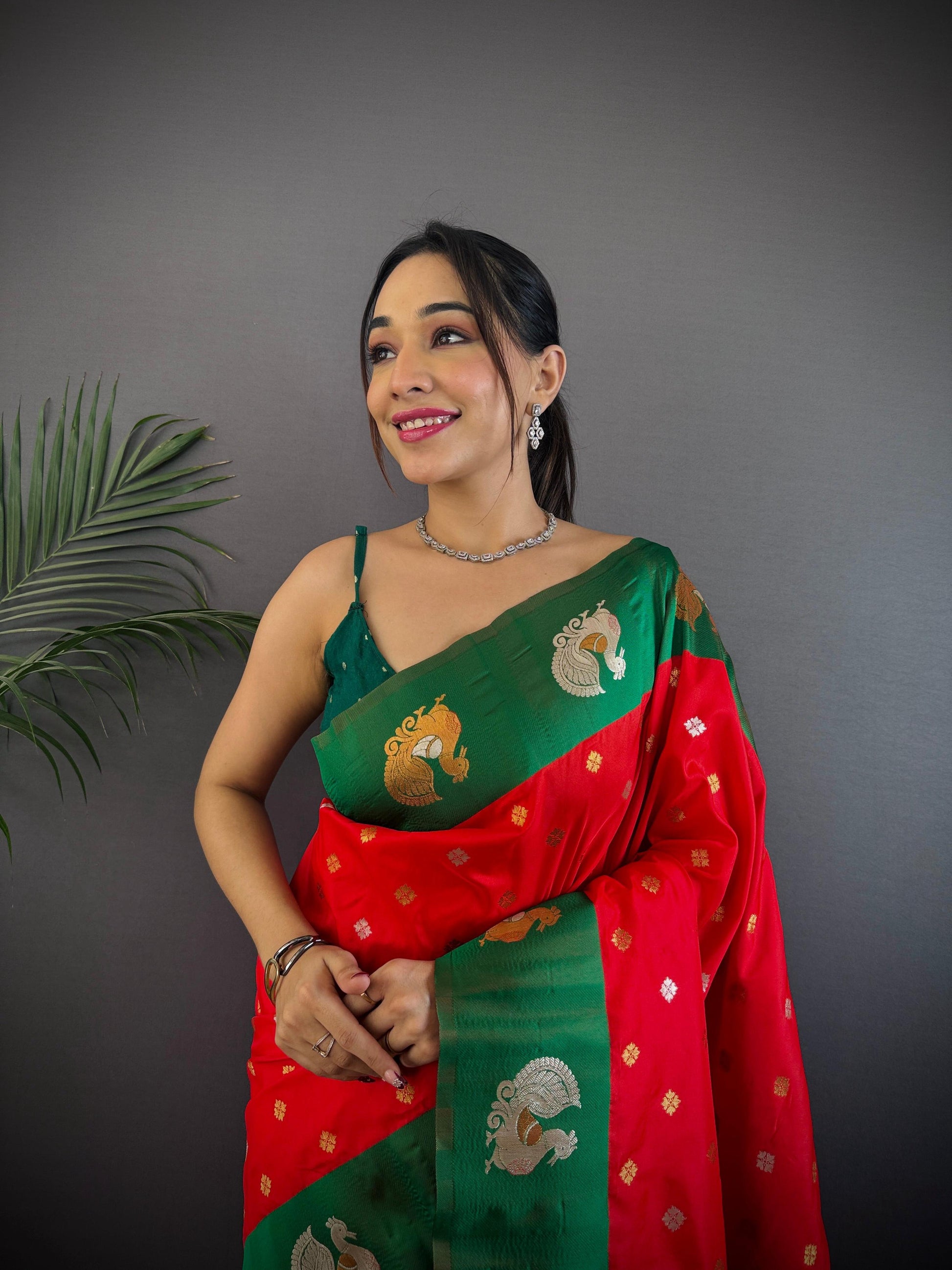 Sonakshi Women's Red Banarasi Silk Zari Weaving Saree with Blouse | Swadesiicart