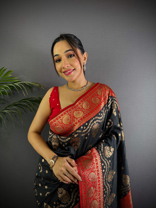 Sonakshi Women's Black Banarasi Silk Zari Weaving Saree with Blouse | Swadesiicart