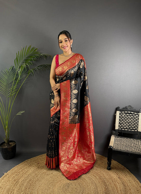 Sonakshi Women's Black Banarasi Silk Zari Weaving Saree with Blouse | Swadesiicart