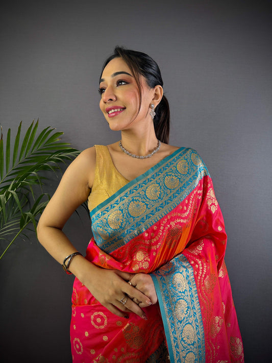 Sonakshi Women's Gajri Banarasi Silk Zari Weaving Saree with Blouse | Swadesiicart