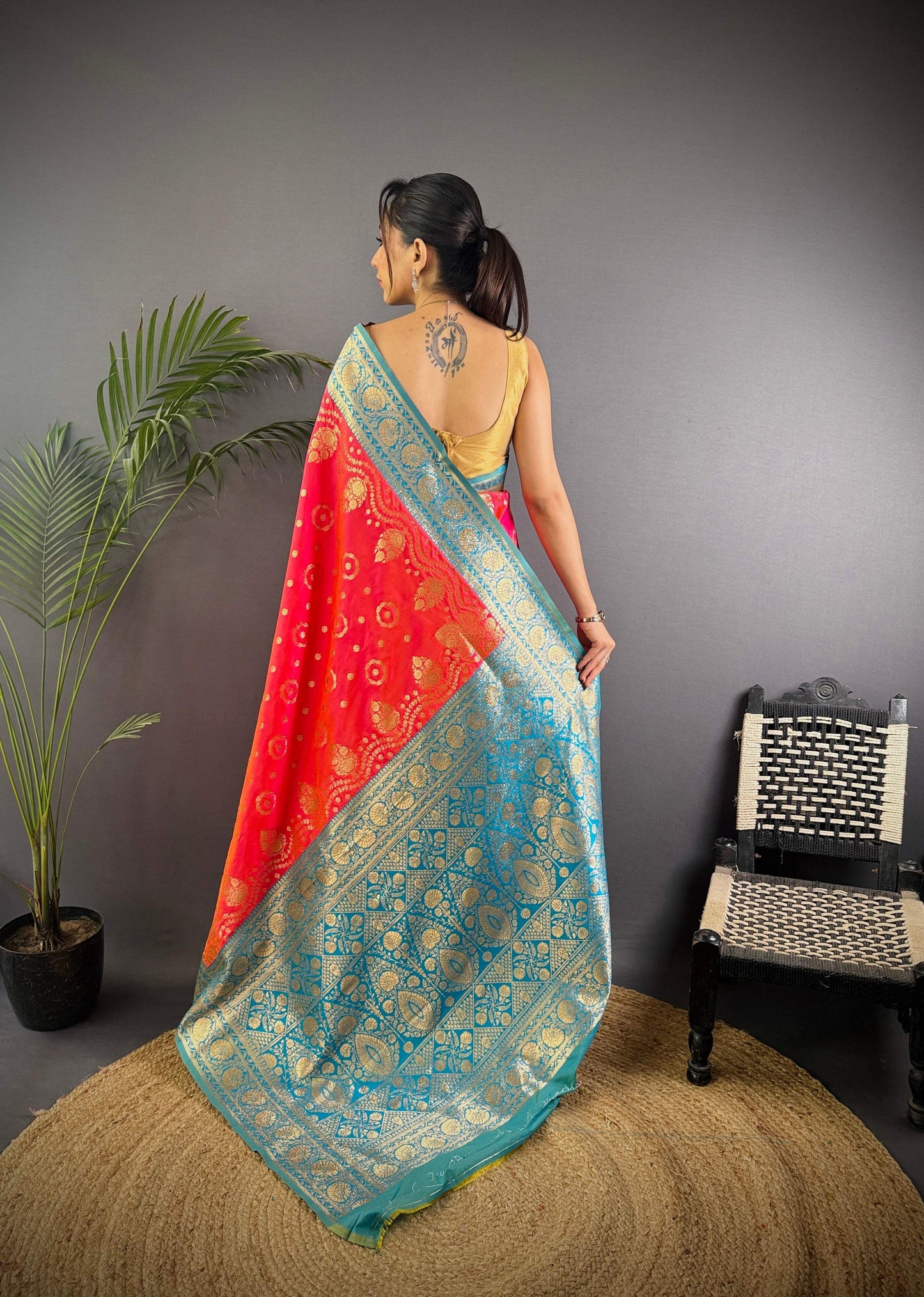 Sonakshi Women's Gajri Banarasi Silk Zari Weaving Saree with Blouse | Swadesiicart