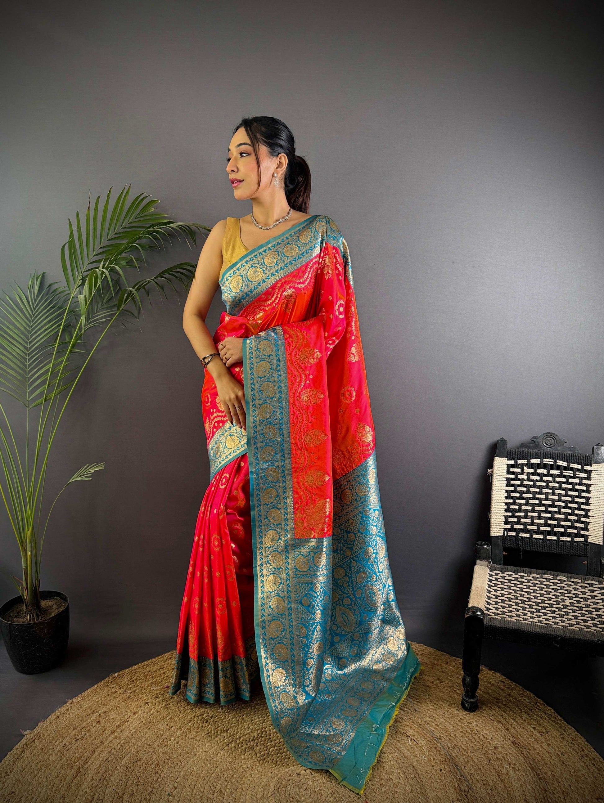 Sonakshi Women's Gajri Banarasi Silk Zari Weaving Saree with Blouse | Swadesiicart