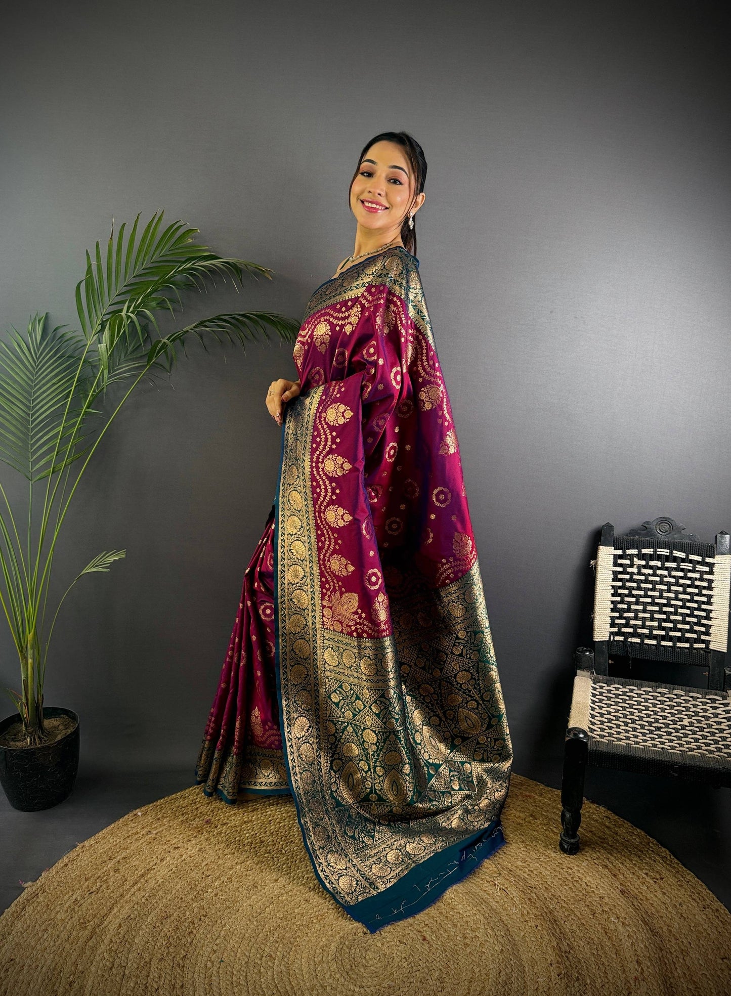 Sonakshi Women's Wine Banarasi Silk Zari Weaving Saree with Blouse | Swadesiicart
