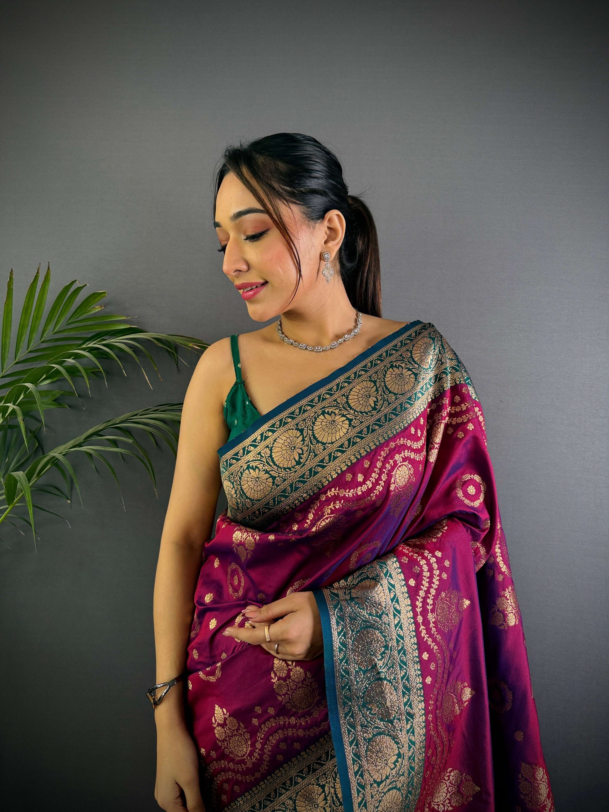 Sonakshi Women's Wine Banarasi Silk Zari Weaving Saree with Blouse | Swadesiicart
