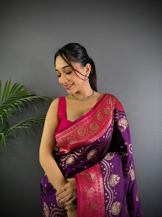 Sonakshi Women's Jamli Banarasi Silk Zari Weaving Saree with Blouse | Swadesiicart