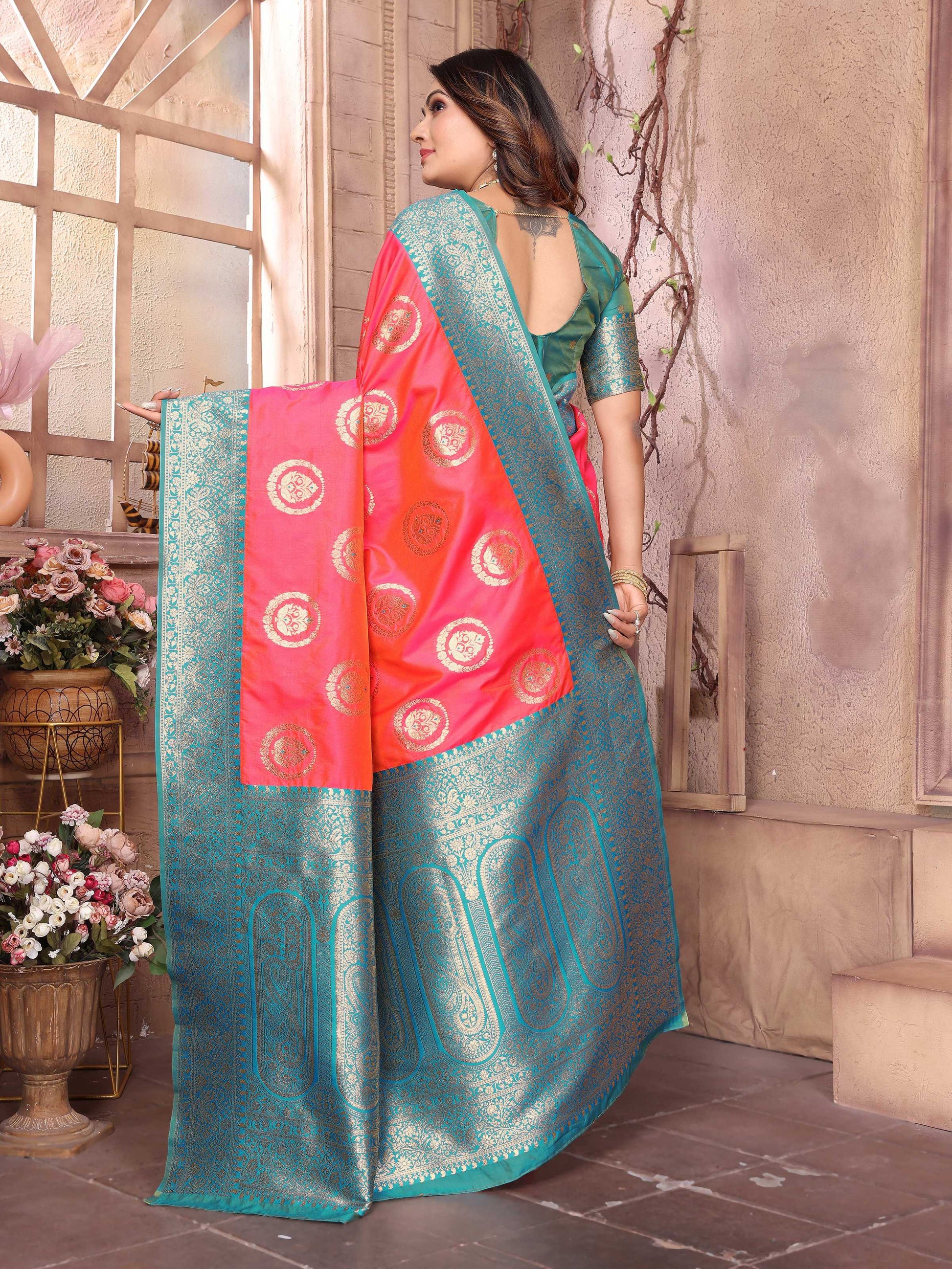 Sonakshi Women's Peach Banarasi Silk Zari Weaving Saree with Blouse | Swadesiicart