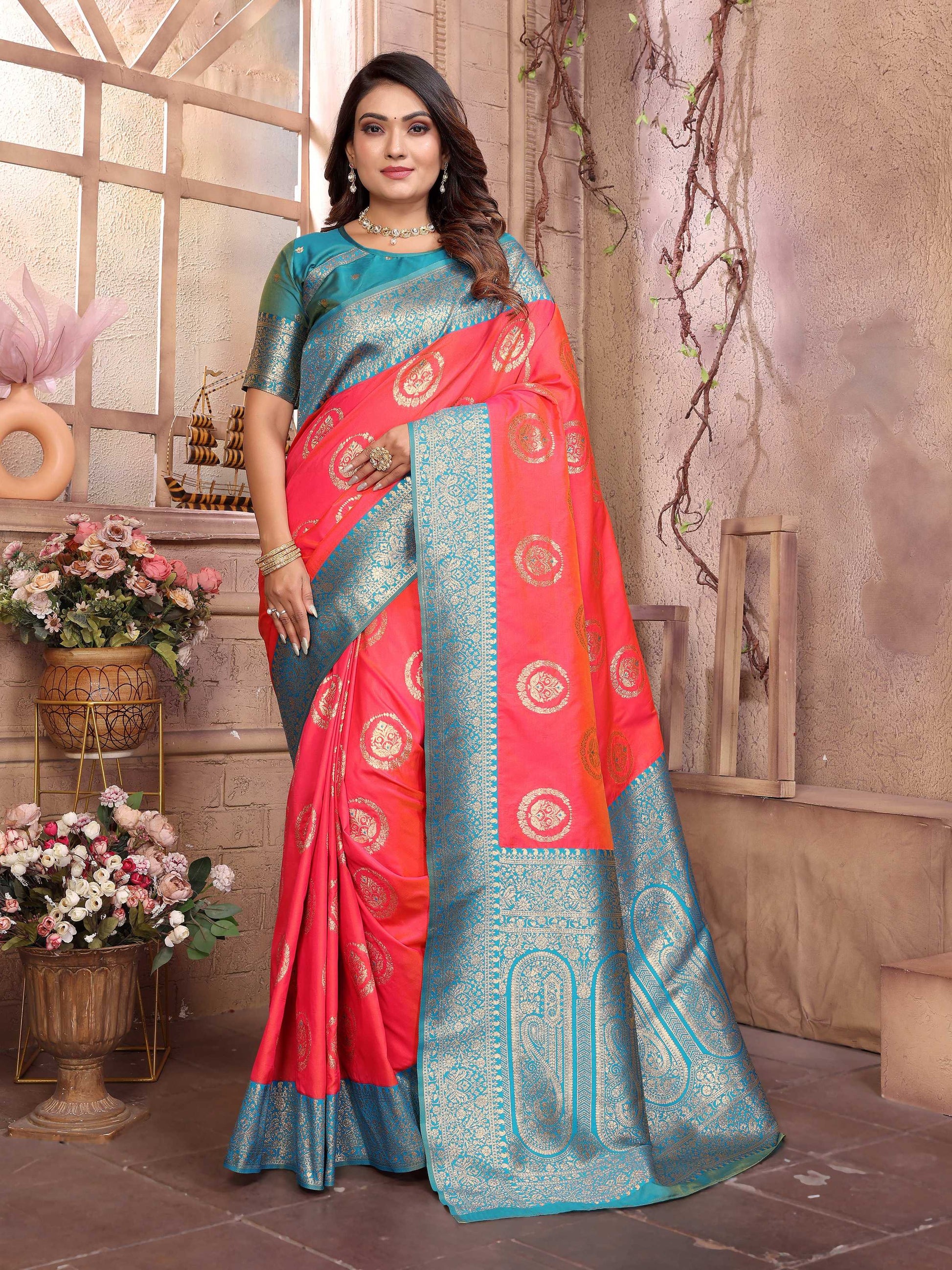 Sonakshi Women's Peach Banarasi Silk Zari Weaving Saree with Blouse | Swadesiicart