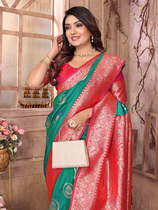 Sonakshi Women's Green Banarasi Silk Zari Weaving Saree with Blouse | Swadesiicart