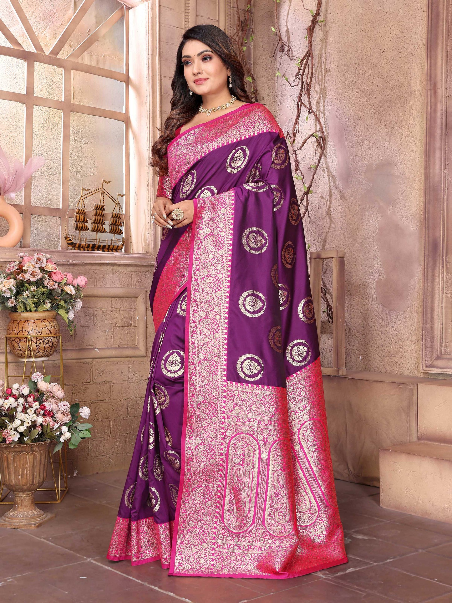 Sonakshi Women's Jamli Banarasi Silk Zari Weaving Saree with Blouse | Swadesiicart