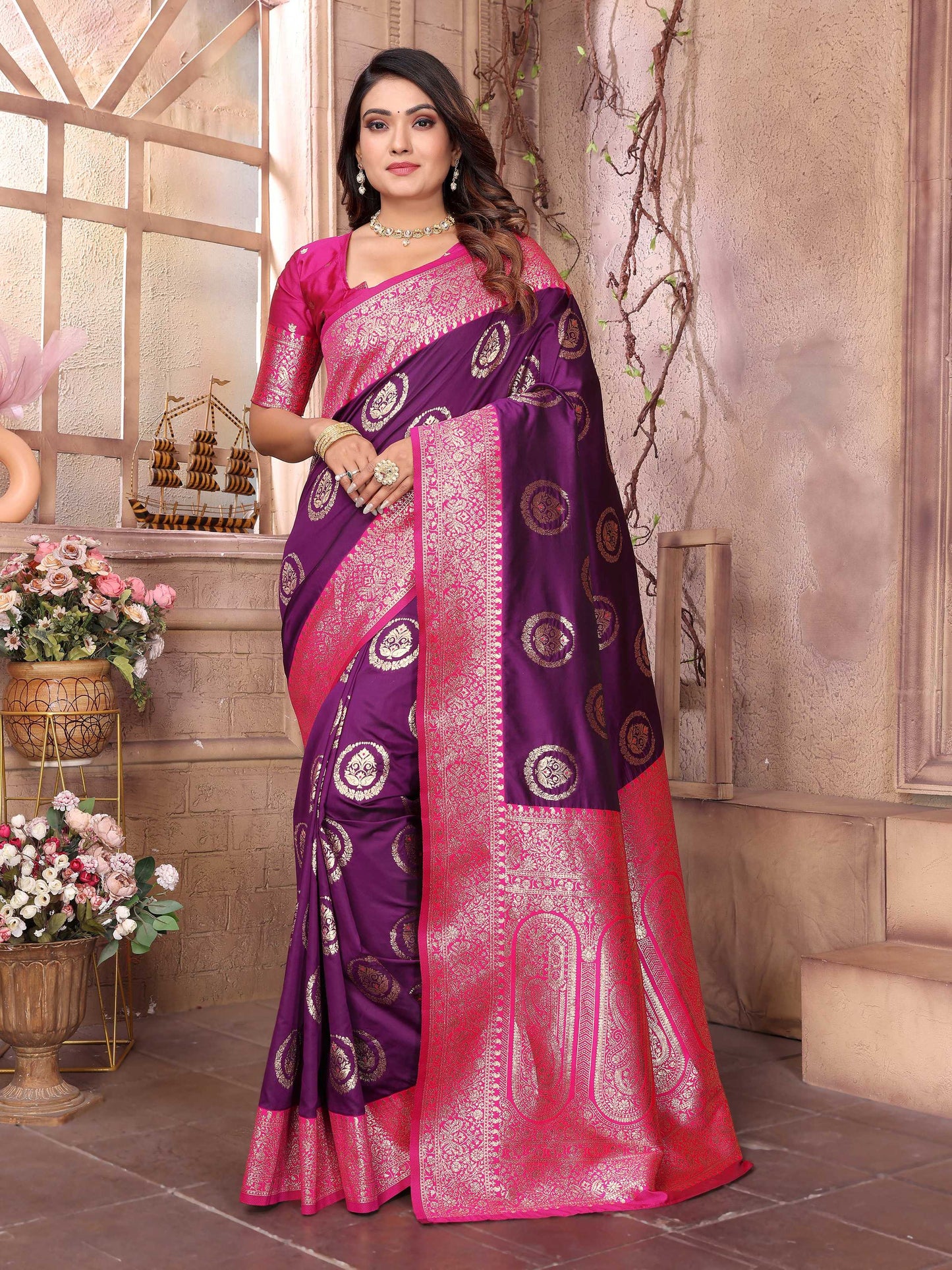 Sonakshi Women's Jamli Banarasi Silk Zari Weaving Saree with Blouse | Swadesiicart