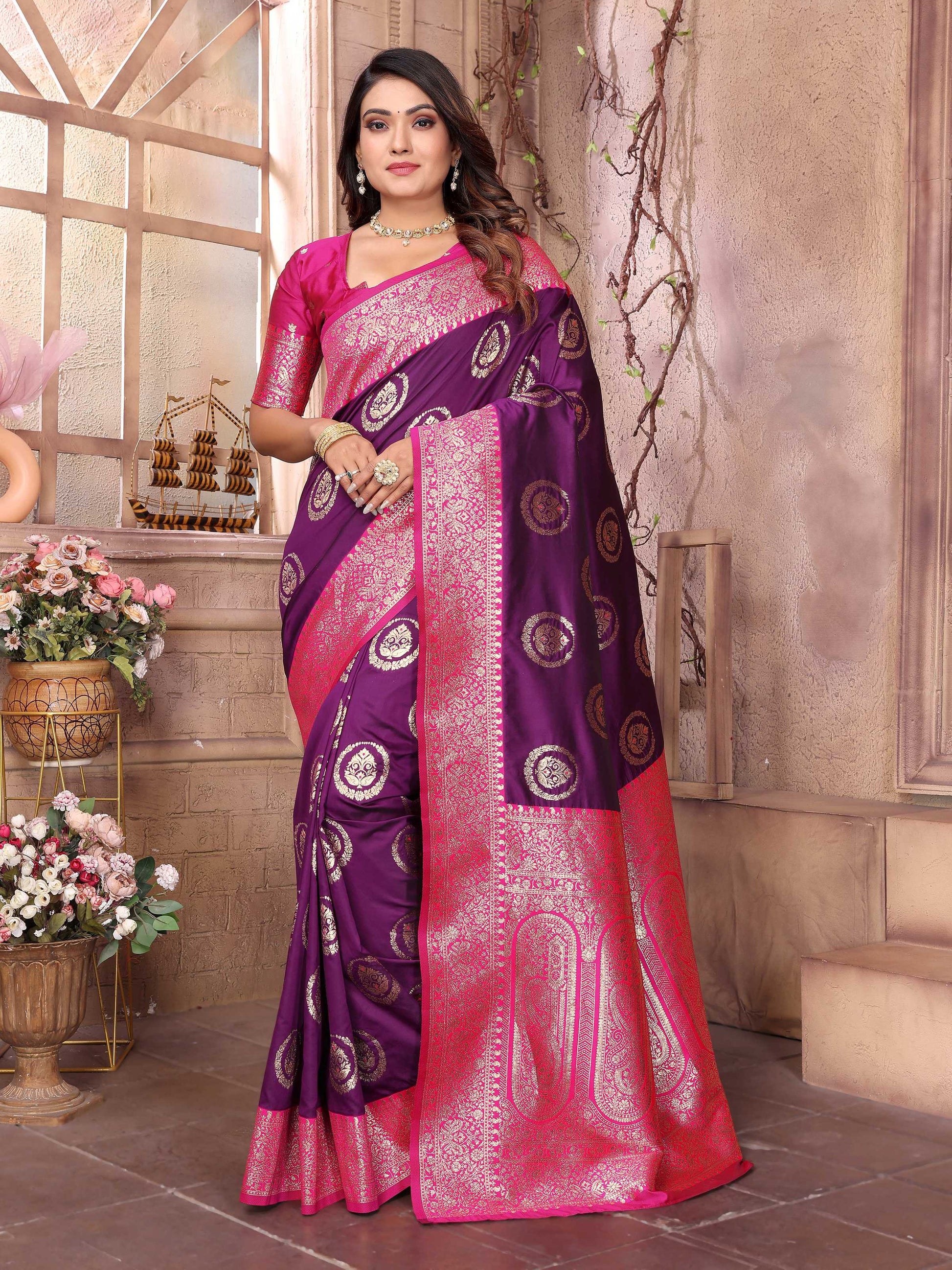 Sonakshi Women's Jamli Banarasi Silk Zari Weaving Saree with Blouse | Swadesiicart