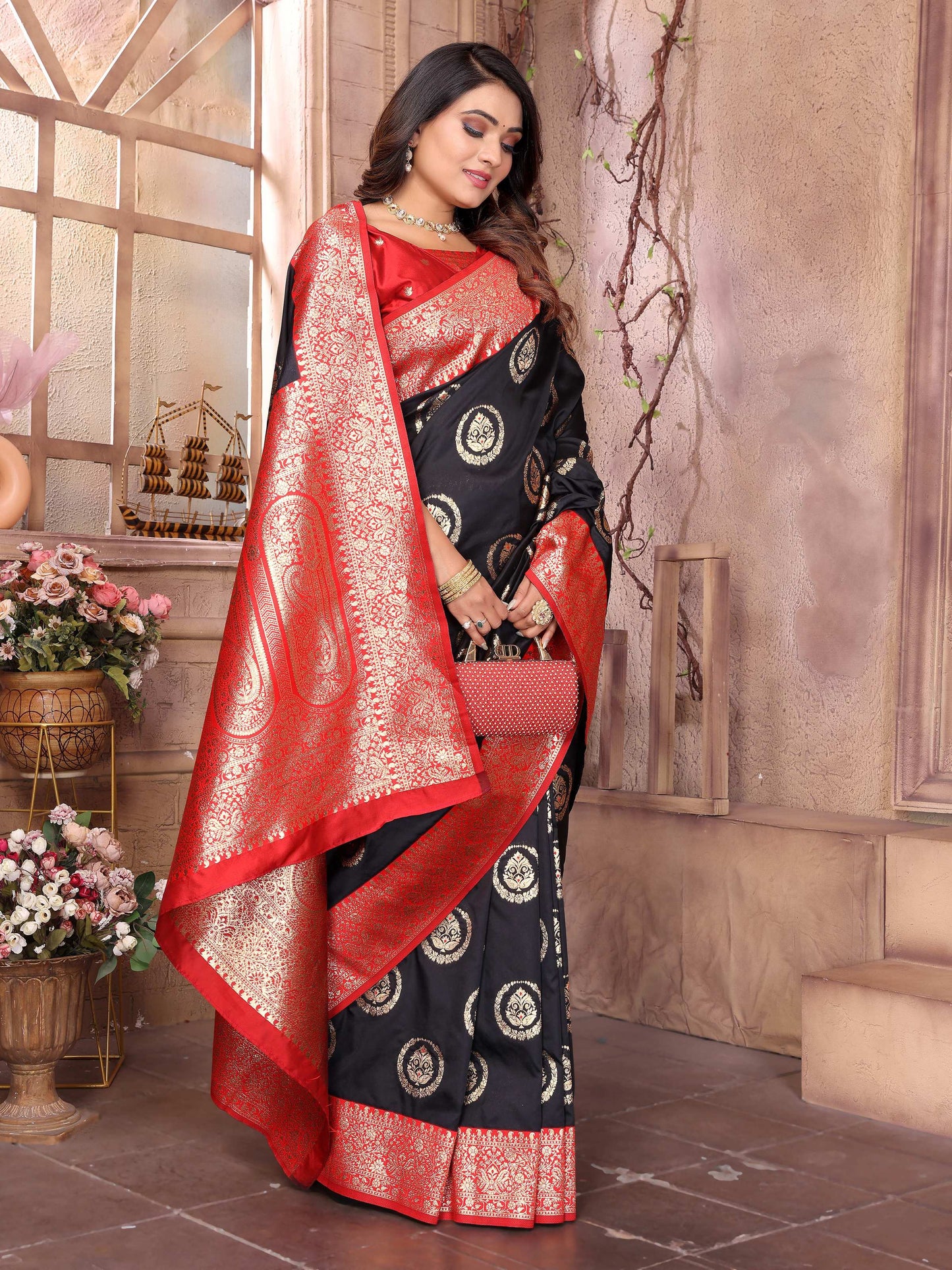 Sonakshi Women's Black Banarasi Silk Zari Weaving Saree with Blouse | Swadesiicart