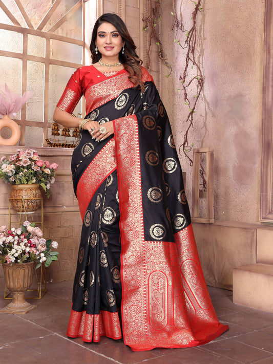 Sonakshi Women's Black Banarasi Silk Zari Weaving Saree with Blouse | Swadesiicart