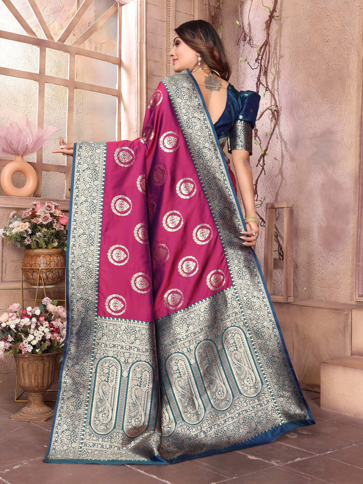 Sonakshi Women's Wine Banarasi Silk Zari Weaving Saree with Blouse | Swadesiicart