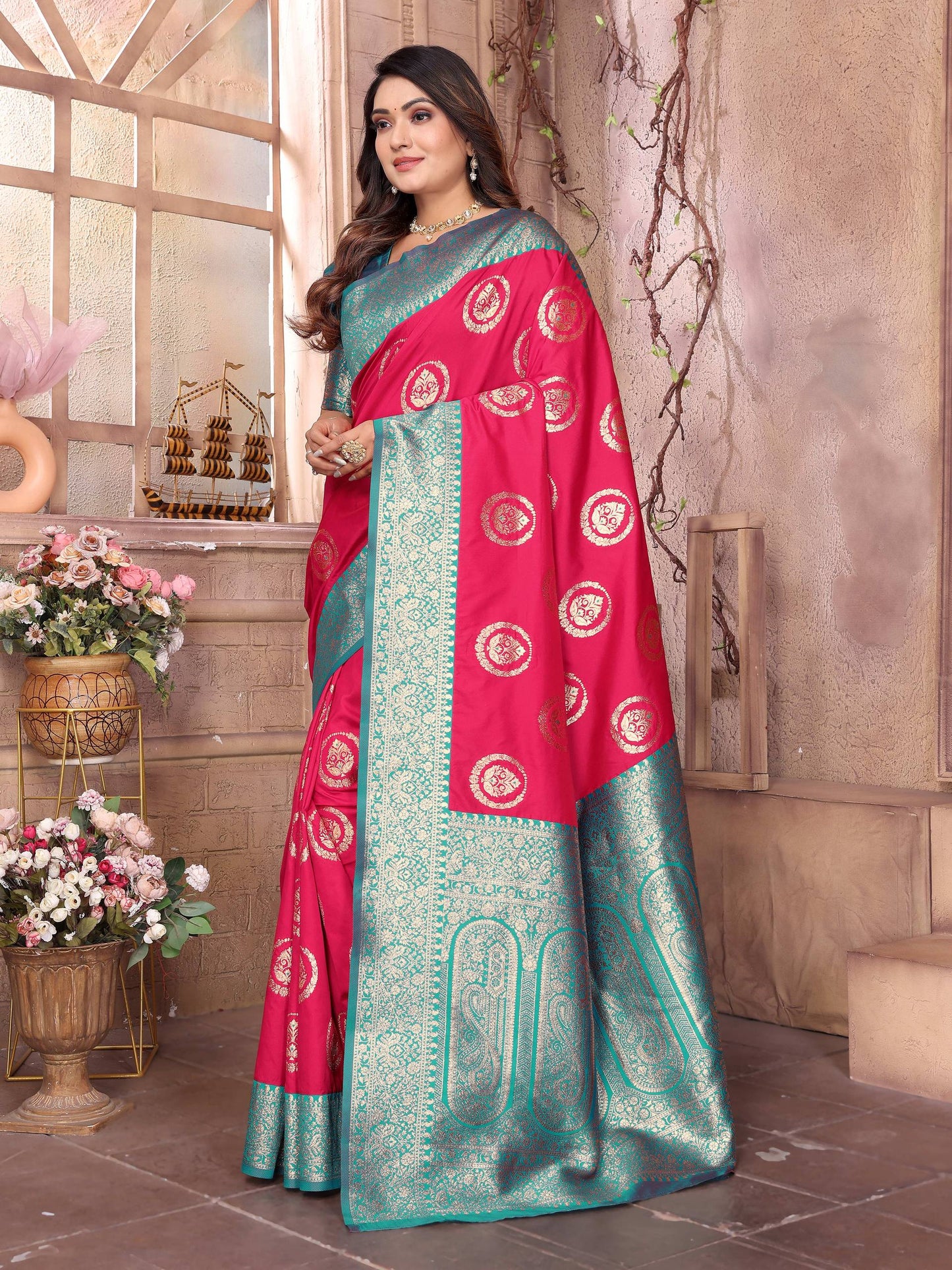 Sonakshi Women's Maharani Banarasi Silk Zari Weaving Saree with Blouse | Swadesiicart